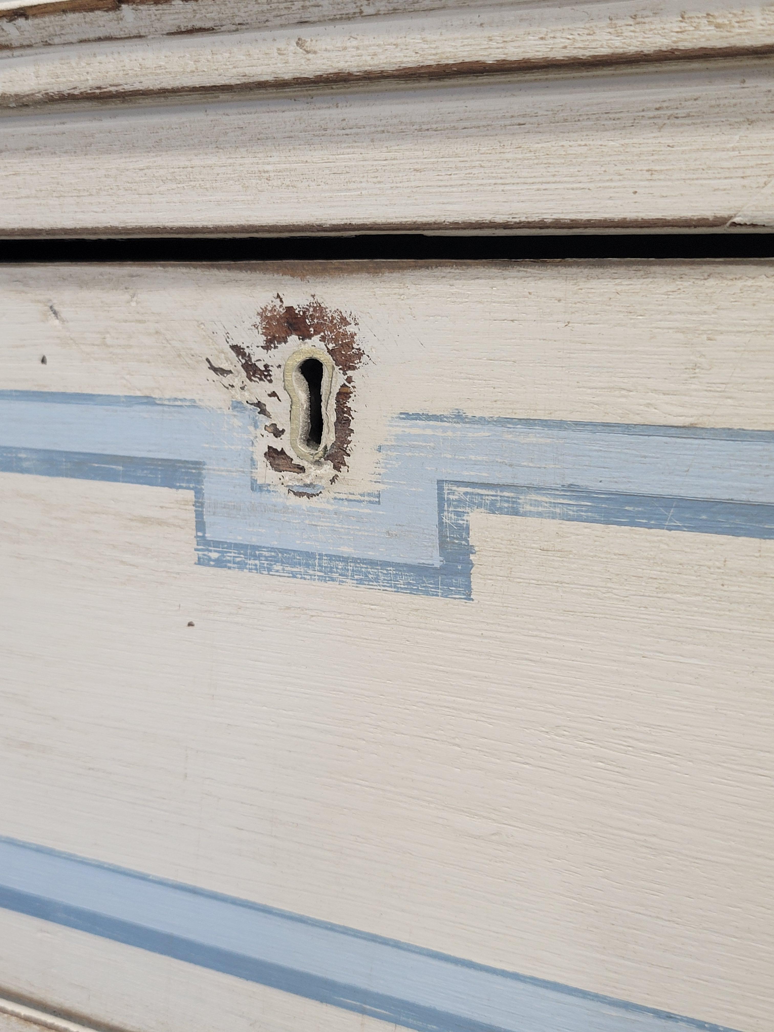 Antique English Walnut Dresser Painted White With Blue French Line Motif 1
