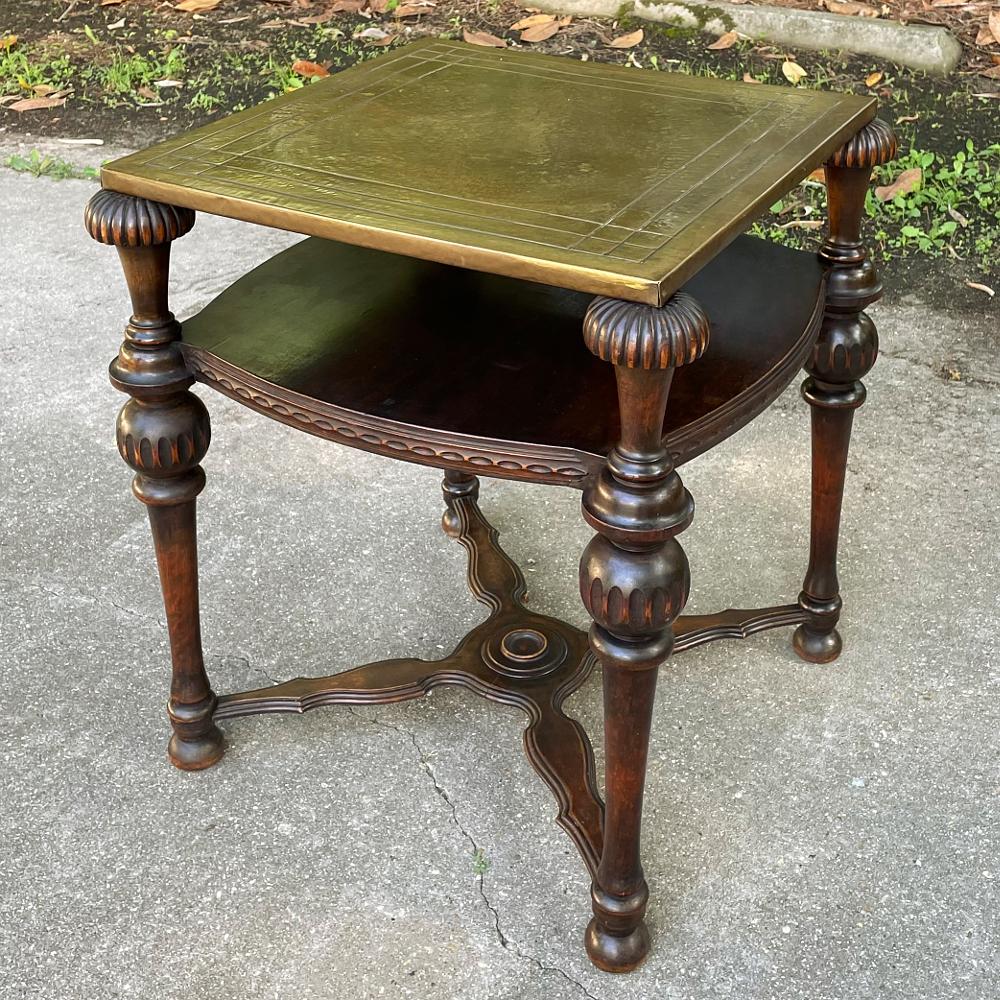 Edwardian Antique English Walnut End Table with Brass Top For Sale