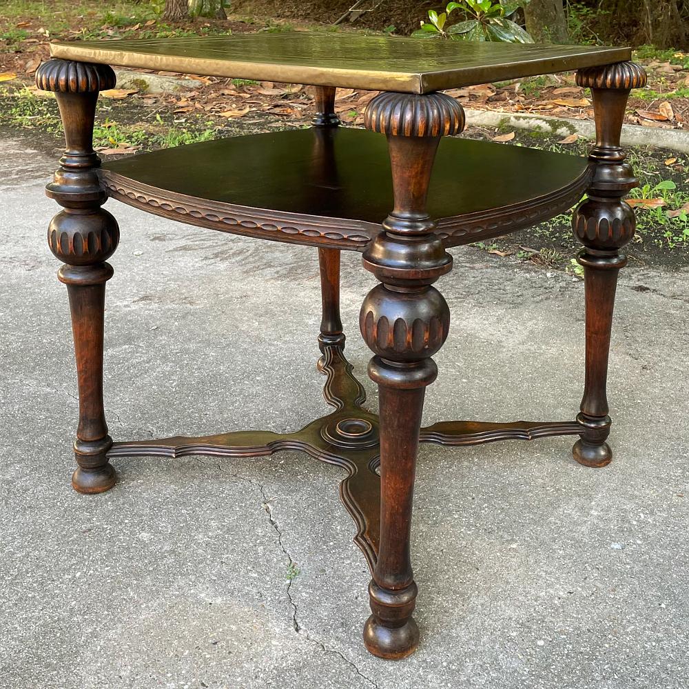 Hand-Crafted Antique English Walnut End Table with Brass Top For Sale