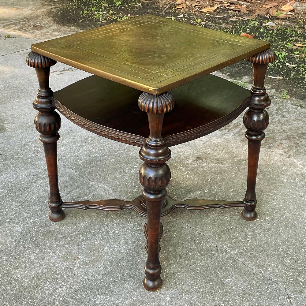 Antique English Walnut End Table with Brass Top In Good Condition For Sale In Dallas, TX