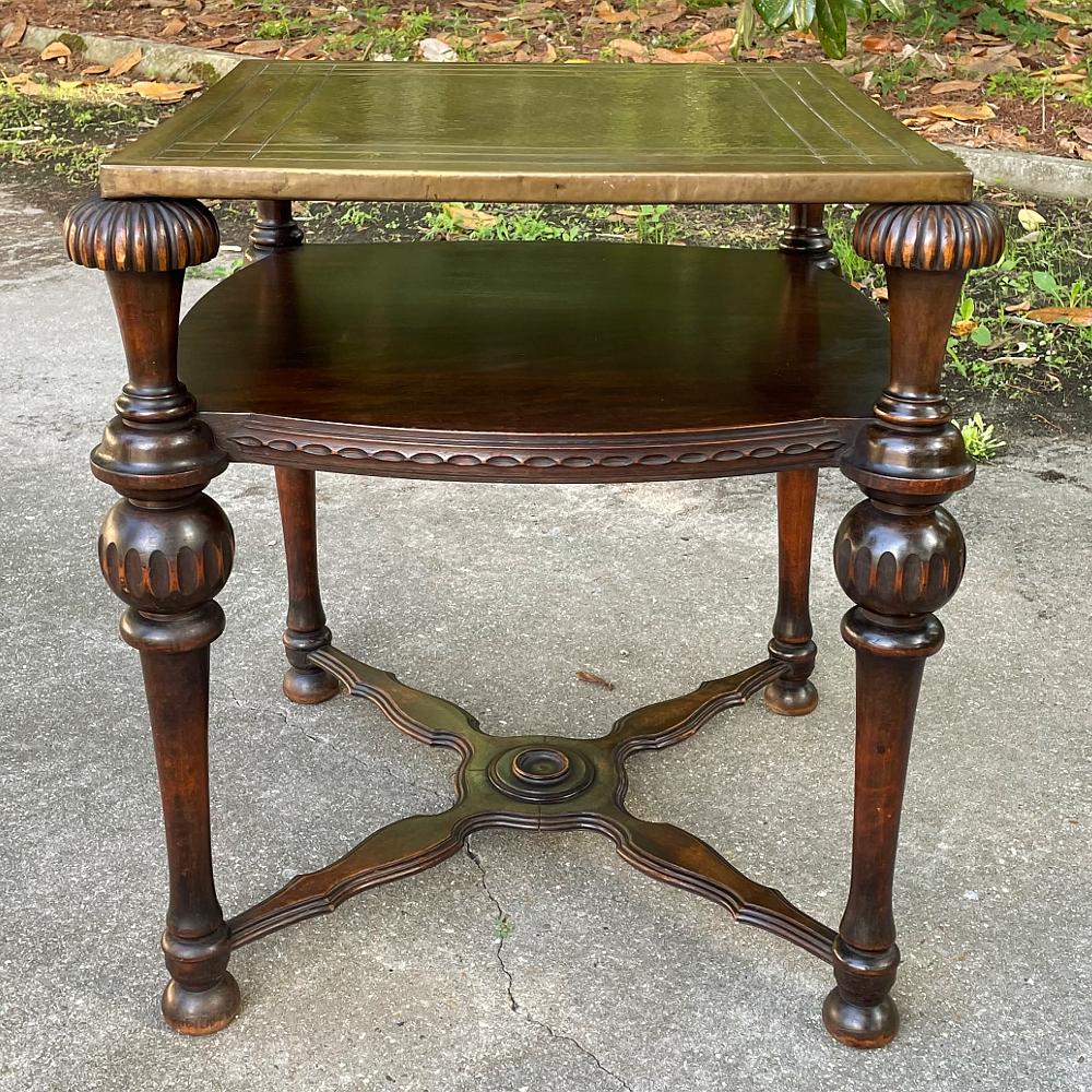 20th Century Antique English Walnut End Table with Brass Top For Sale