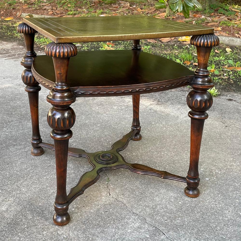 Antique English Walnut End Table with Brass Top For Sale 1