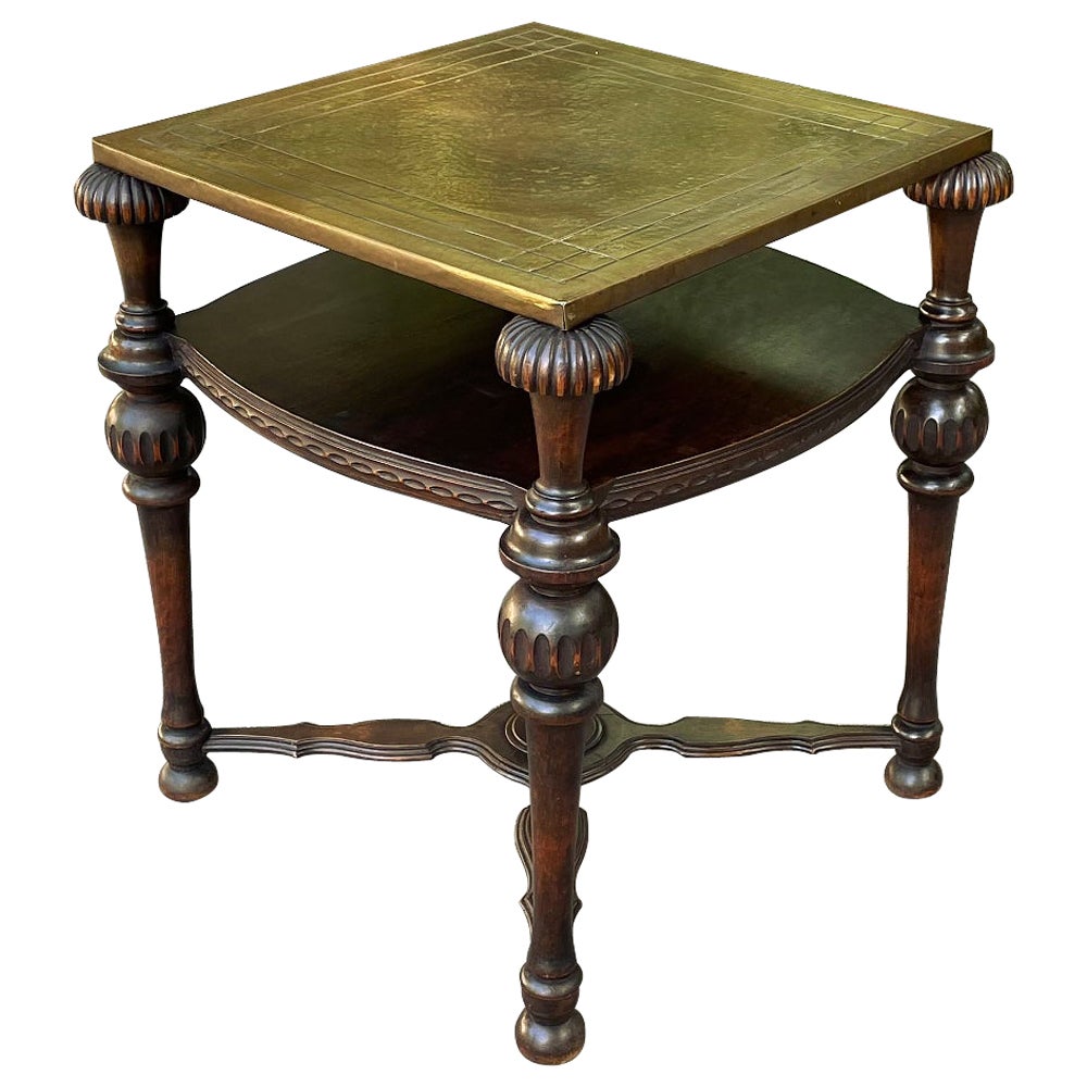 Antique English Walnut End Table with Brass Top