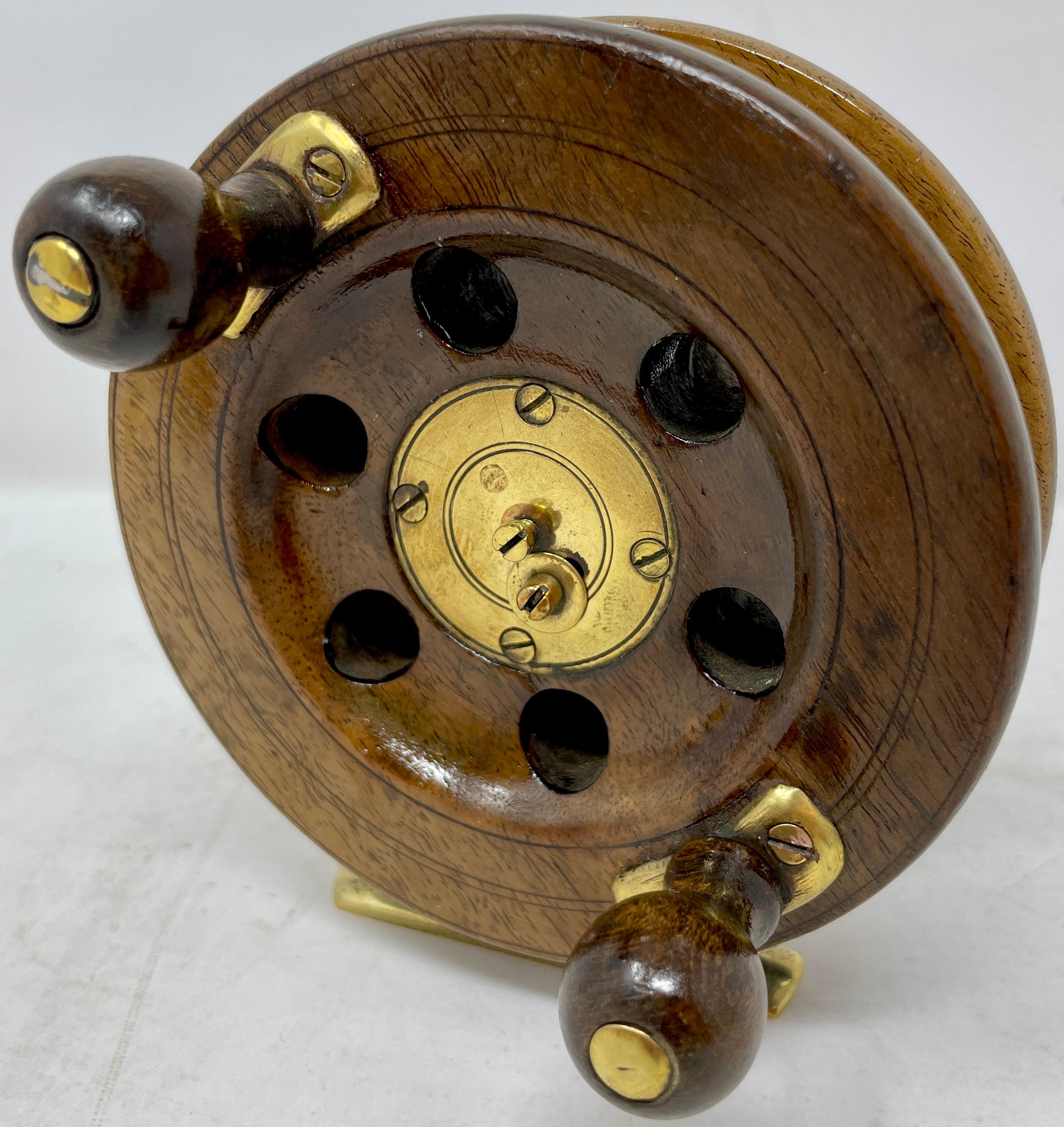 19th Century Antique English Walnut Fly Fishing Wheel with Brass Mounts, circa 1890-1900