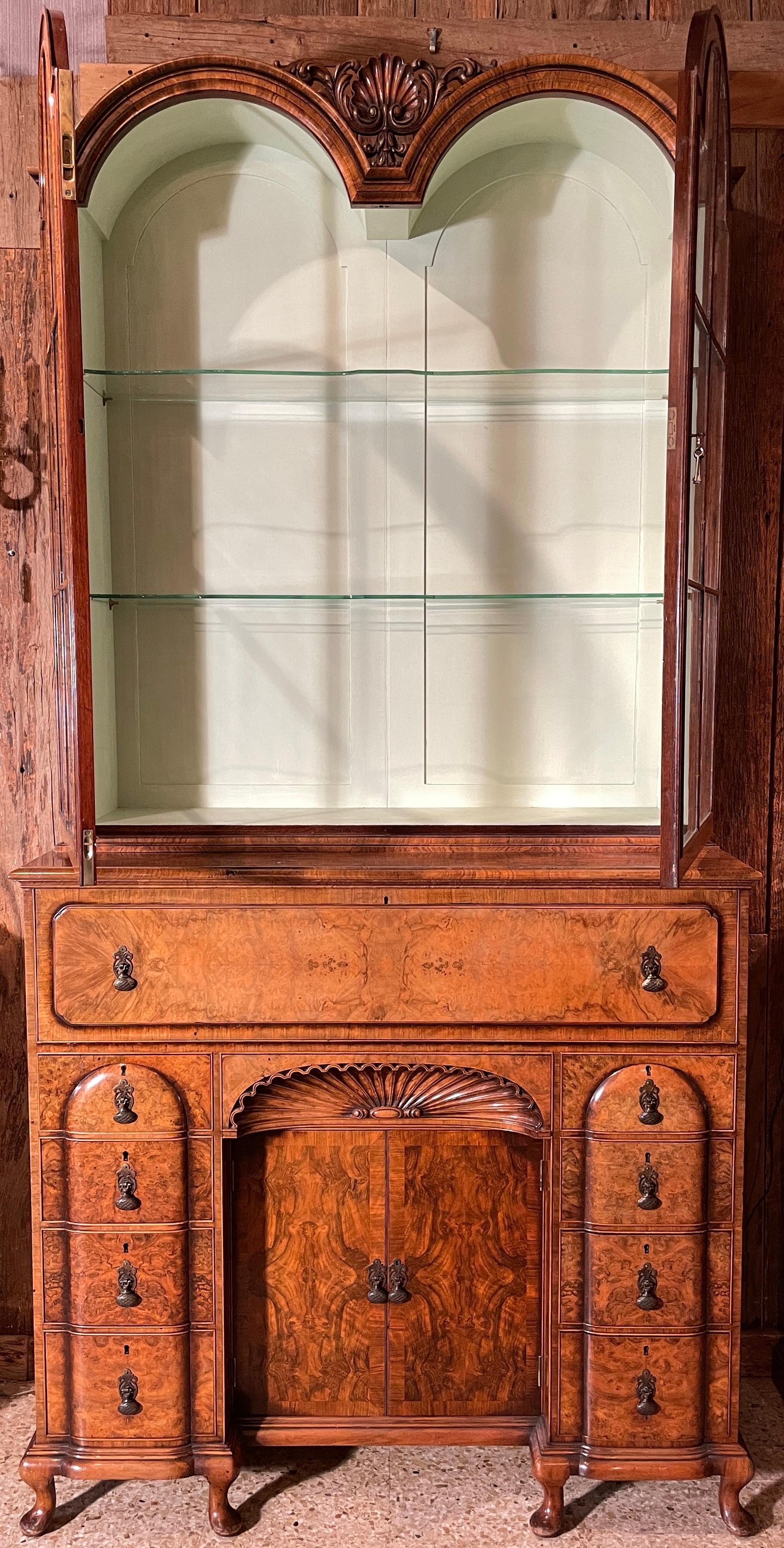 Antique English walnut glass-front secretary bookcase, circa 1880-1890.