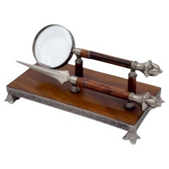 ANTIQUE RECEPTION DE CONTES ENGLISH WALNUT DESK LETTER set MAGNiFYING GLASS