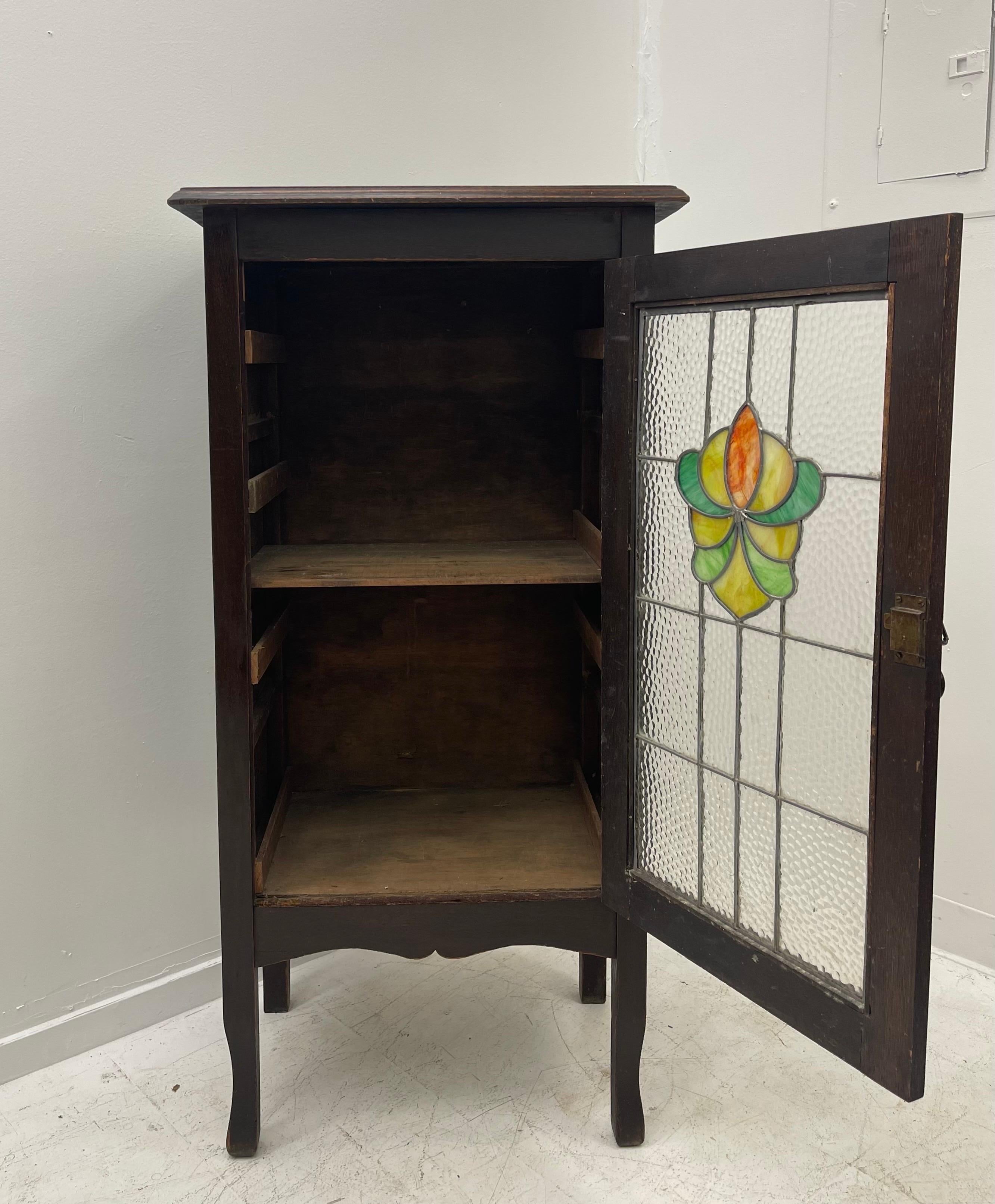 British Colonial Antique English Walnut Storage Cabinet or Entryway Bookcase Shelf Stained Glass For Sale