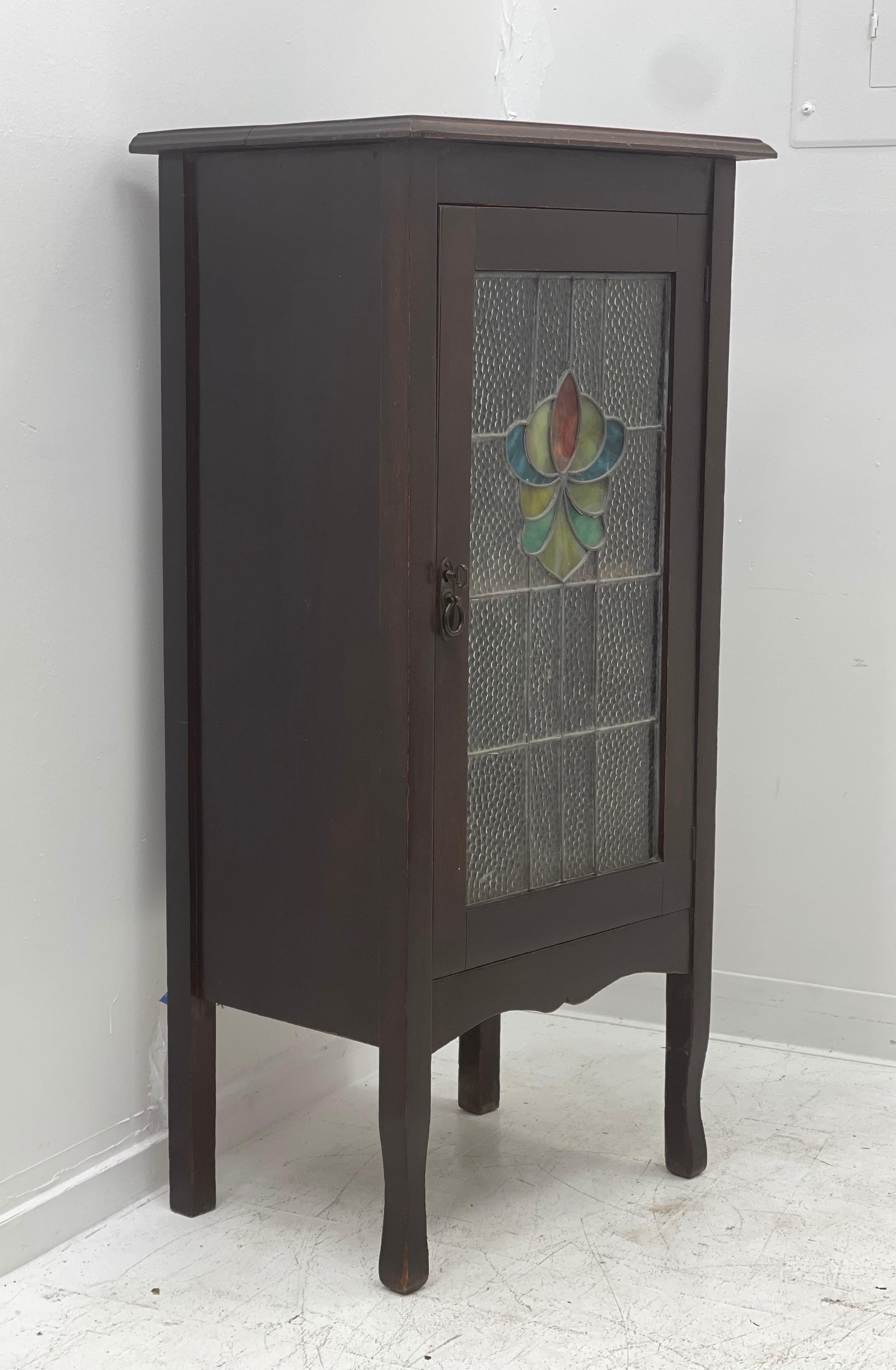 Mid-19th Century Antique English Walnut Storage Cabinet or Entryway Bookcase Shelf Stained Glass For Sale