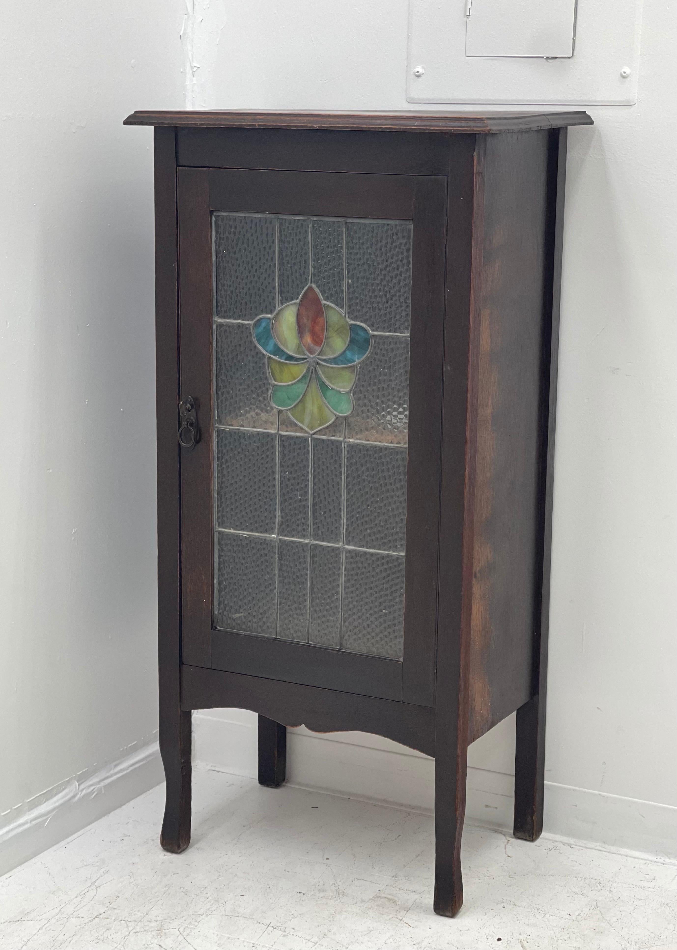 Mid-19th Century Antique English Walnut Storage Cabinet or Entryway Bookcase Shelf Stained Glass For Sale