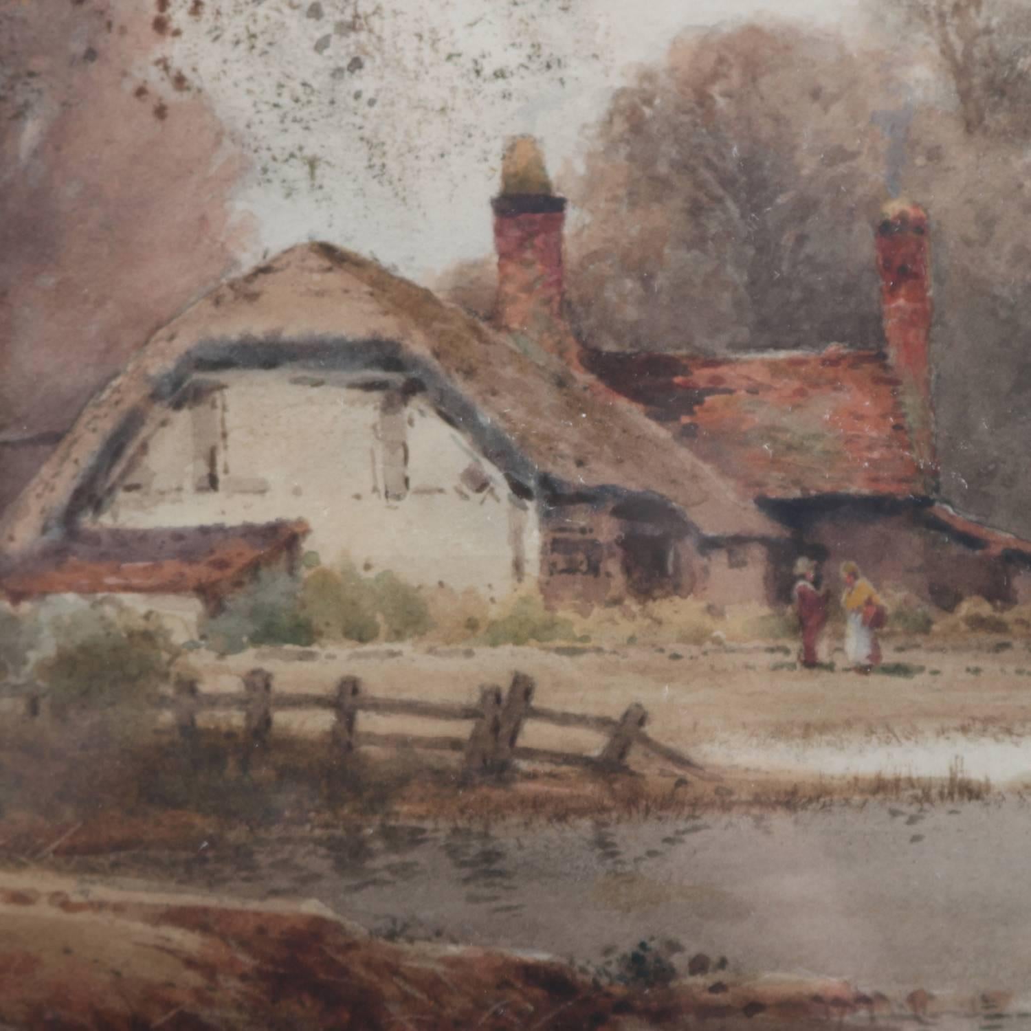 Antique English landscape watercolor painting by Creswick Boydell, R.C.A. (Royal Academy of Art), with figures and cottage near river, reminiscent of Hudson River School, circa 1903

Measures: fr: 23