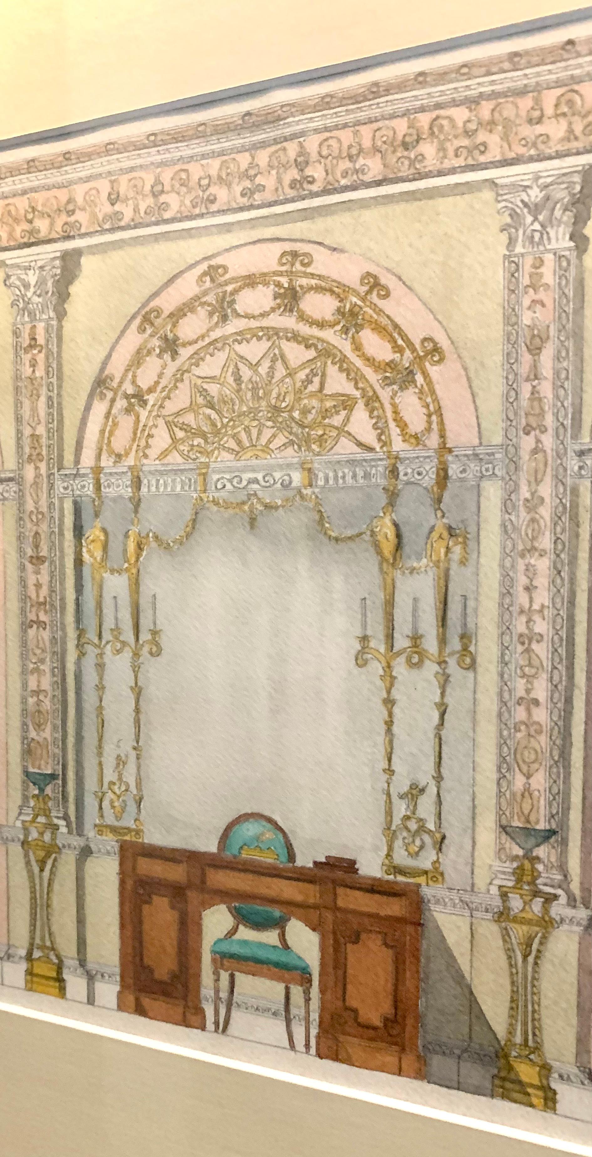 Beautiful antique English watercolor painting of an Adam style palace interior. Depicting a generously proportioned space with a magnificent central mirror of classic Adam Style design, flanked by a pair of pilasters and a large desk in the