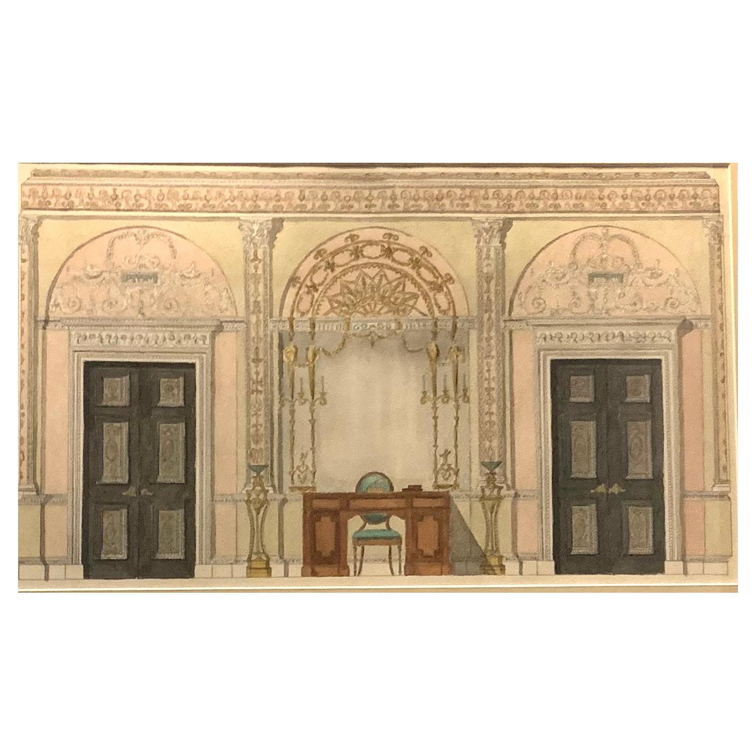 Hand-Painted Antique English Watercolor Painting, Adam Style Palace Interior Rendering For Sale