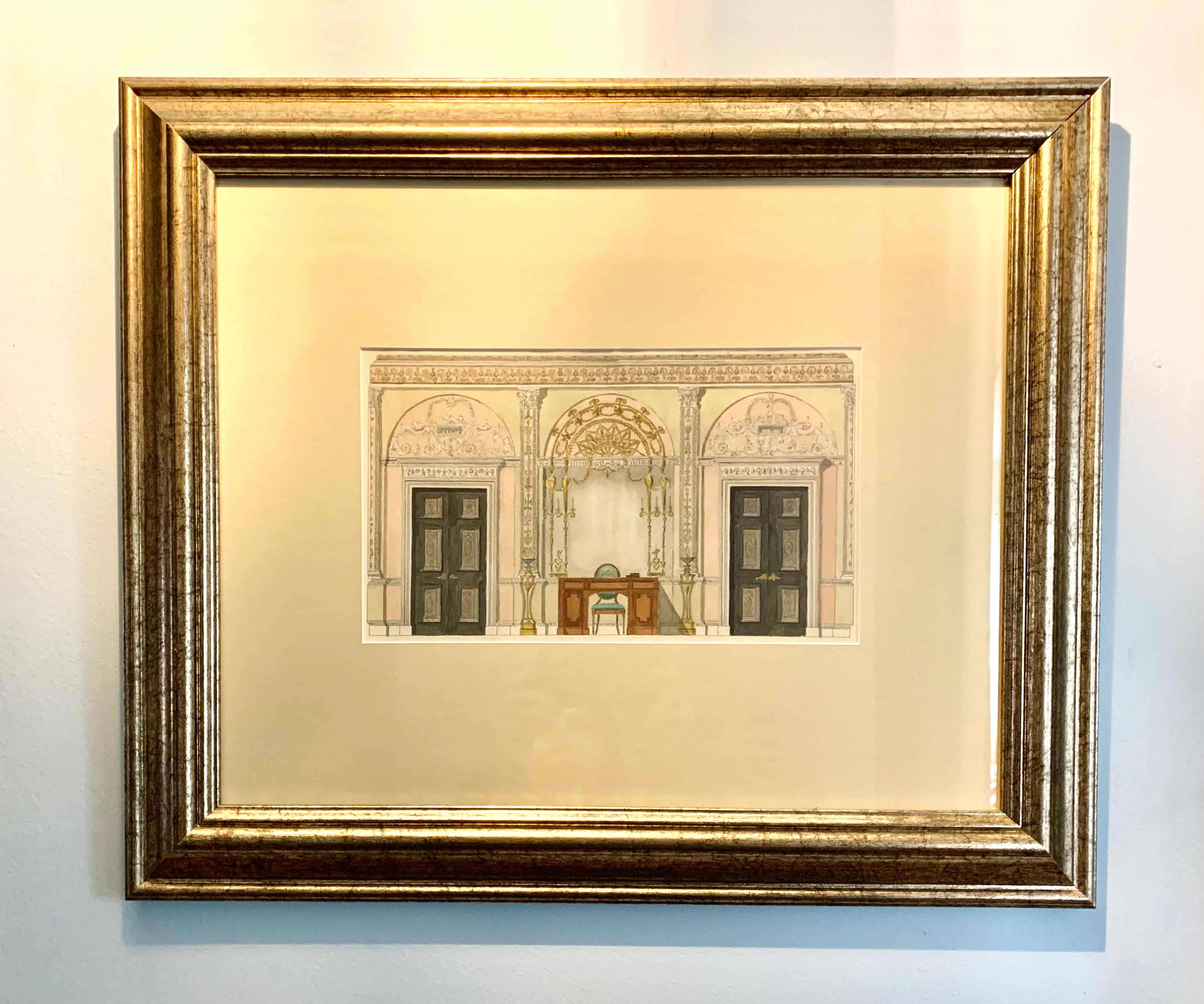 Peinture à l'aquarelle anglaise ancienne de style Adam, rendu d'intérieur d'un palais Bon état - En vente à New York, NY