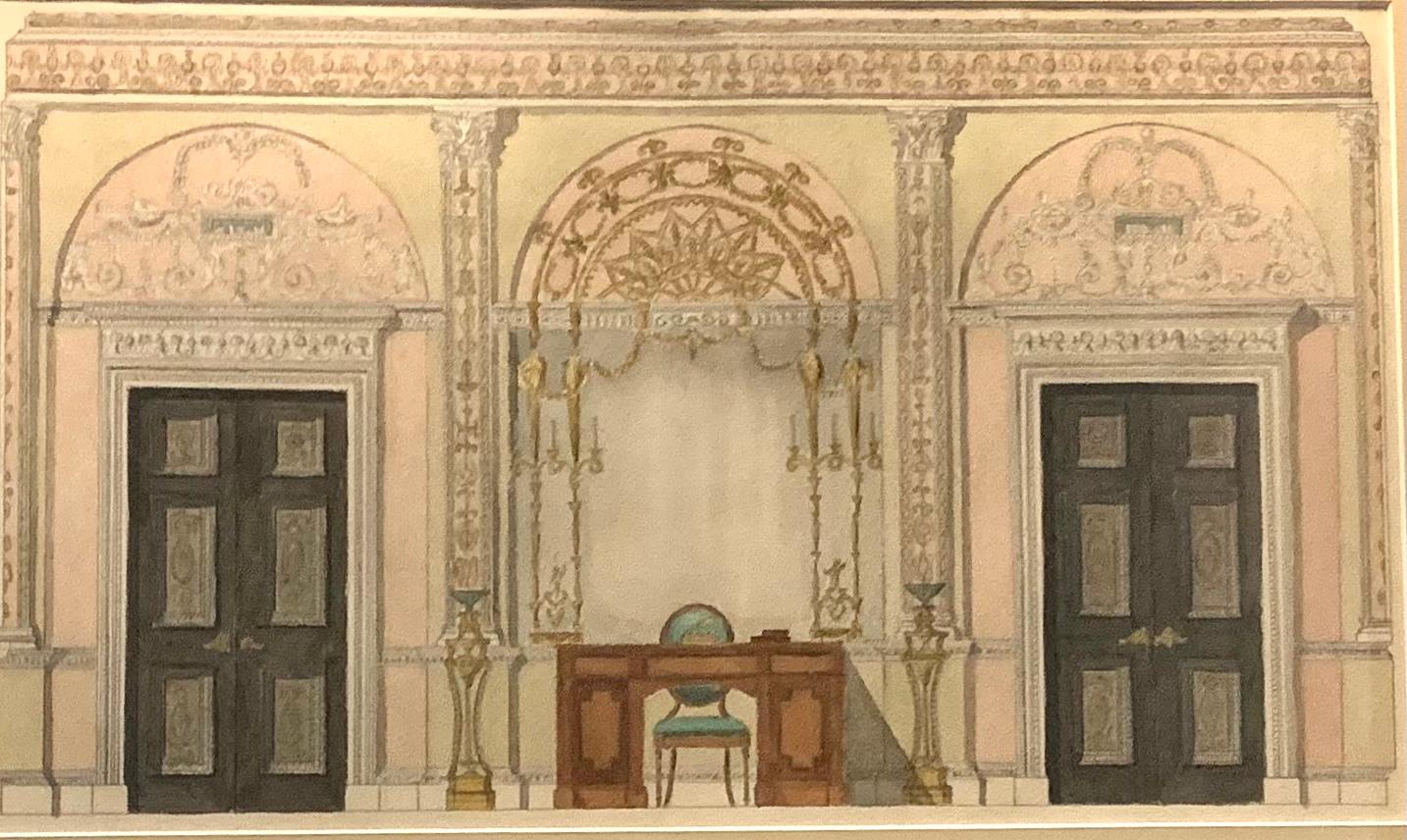 Papier Peinture à l'aquarelle anglaise ancienne de style Adam, rendu d'intérieur d'un palais en vente
