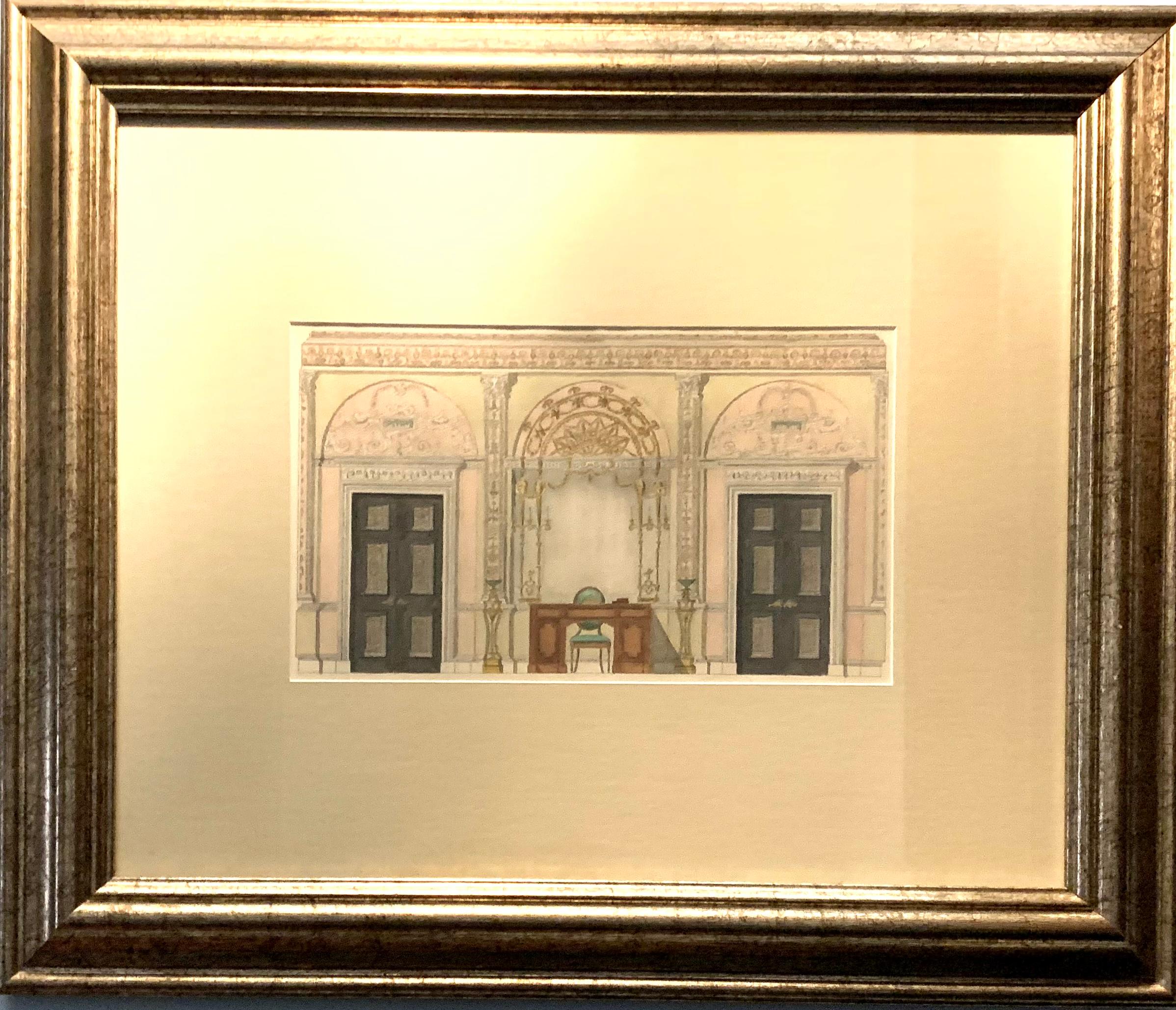Peinture à l'aquarelle anglaise ancienne de style Adam, rendu d'intérieur d'un palais en vente 1