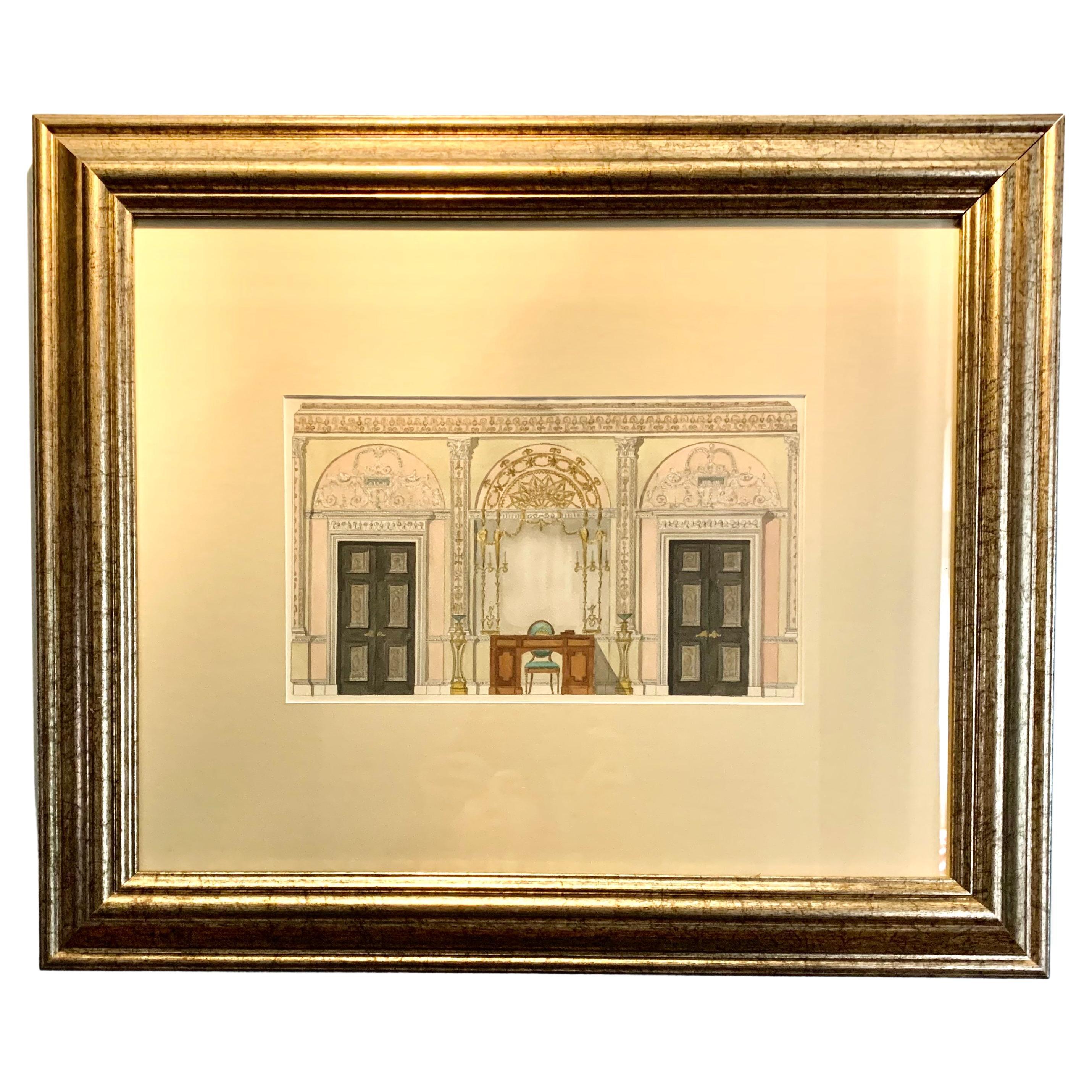 Antique English Watercolor Painting, Adam Style Palace Interior Rendering For Sale