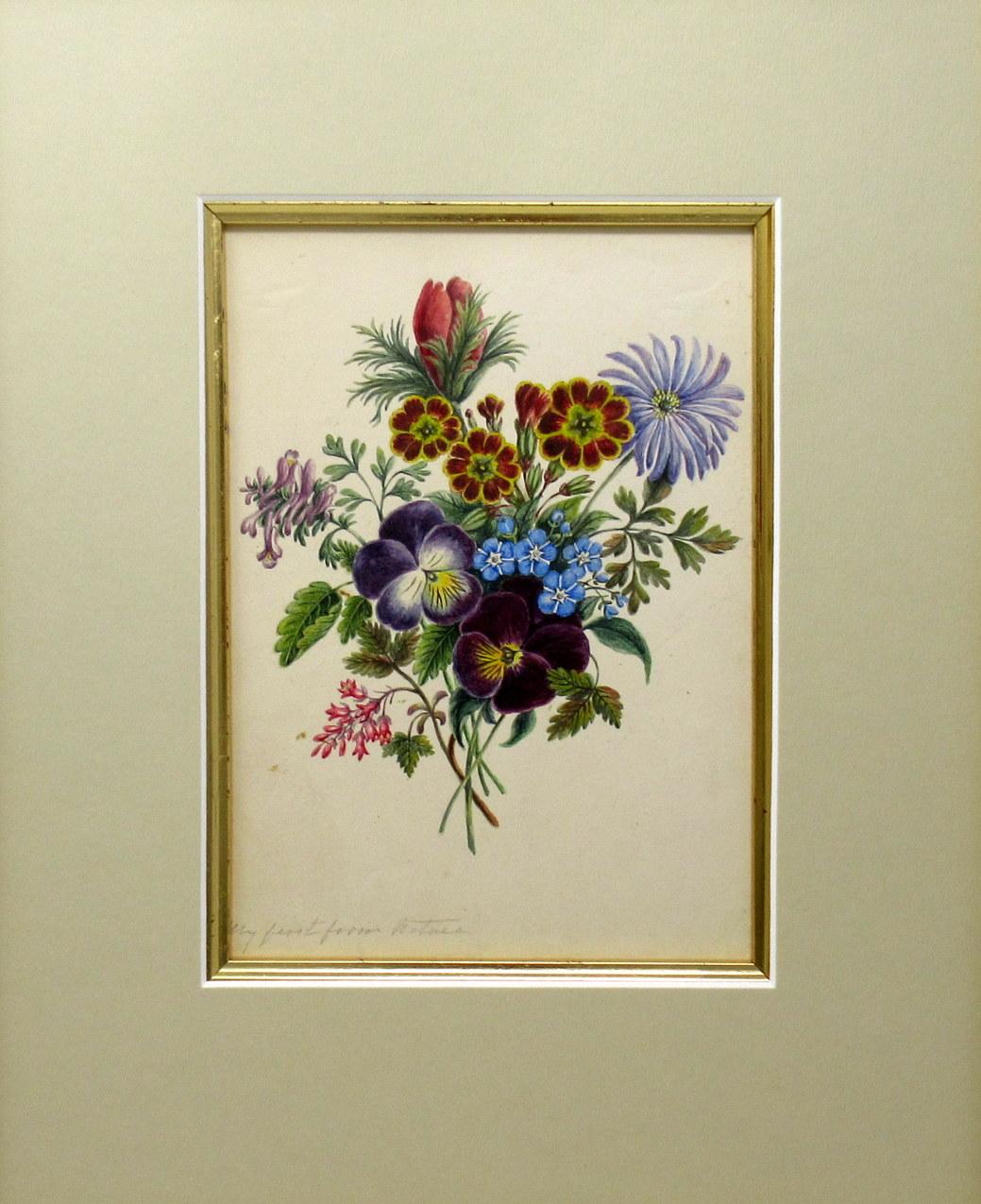 An exceptionally fine quality framed watercolor painting on paper of English origin, circa 1900.

Professionally re-mounted on artists card within a gold leaf wooden slip. This picture is offered glazed.

This delightful painting depicts sprays