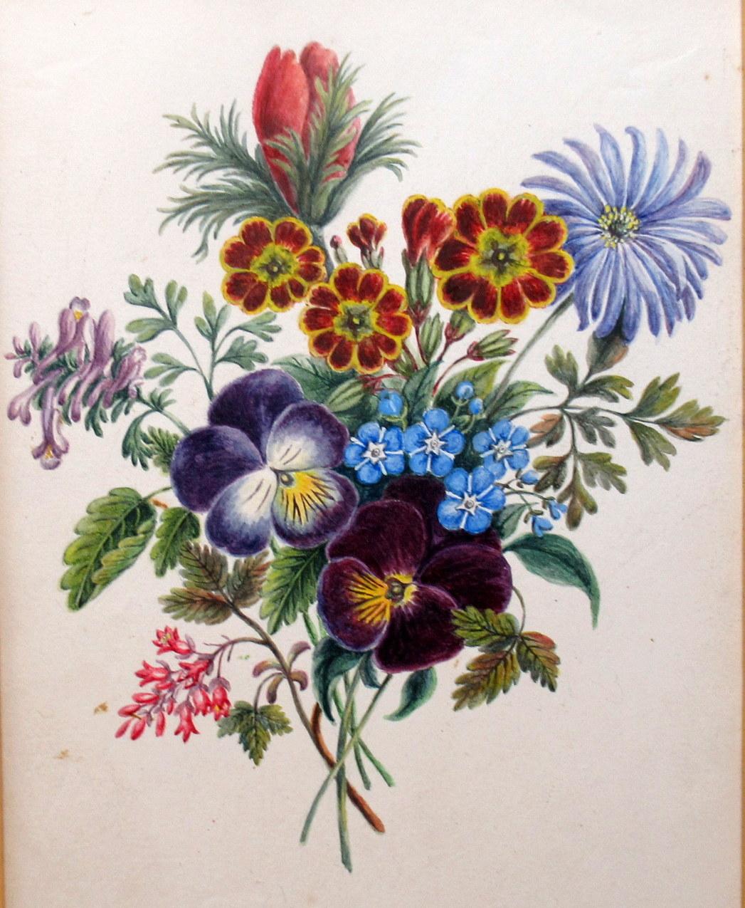 Victorian Antique English Watercolor Painting Still Life of Flowers Gilt Ebony, circa 1900