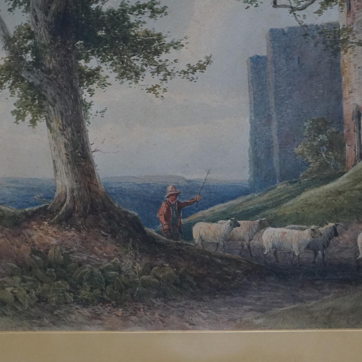 Antique English Watercolor of Rural Landscape Scene by H. Pope with Architectural Ruins and Sheep, Framed, C1890

Measures - 23.25