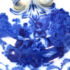 Antique English Watteau Flow Blue Stoneware Tureen with Courting Scene C1870