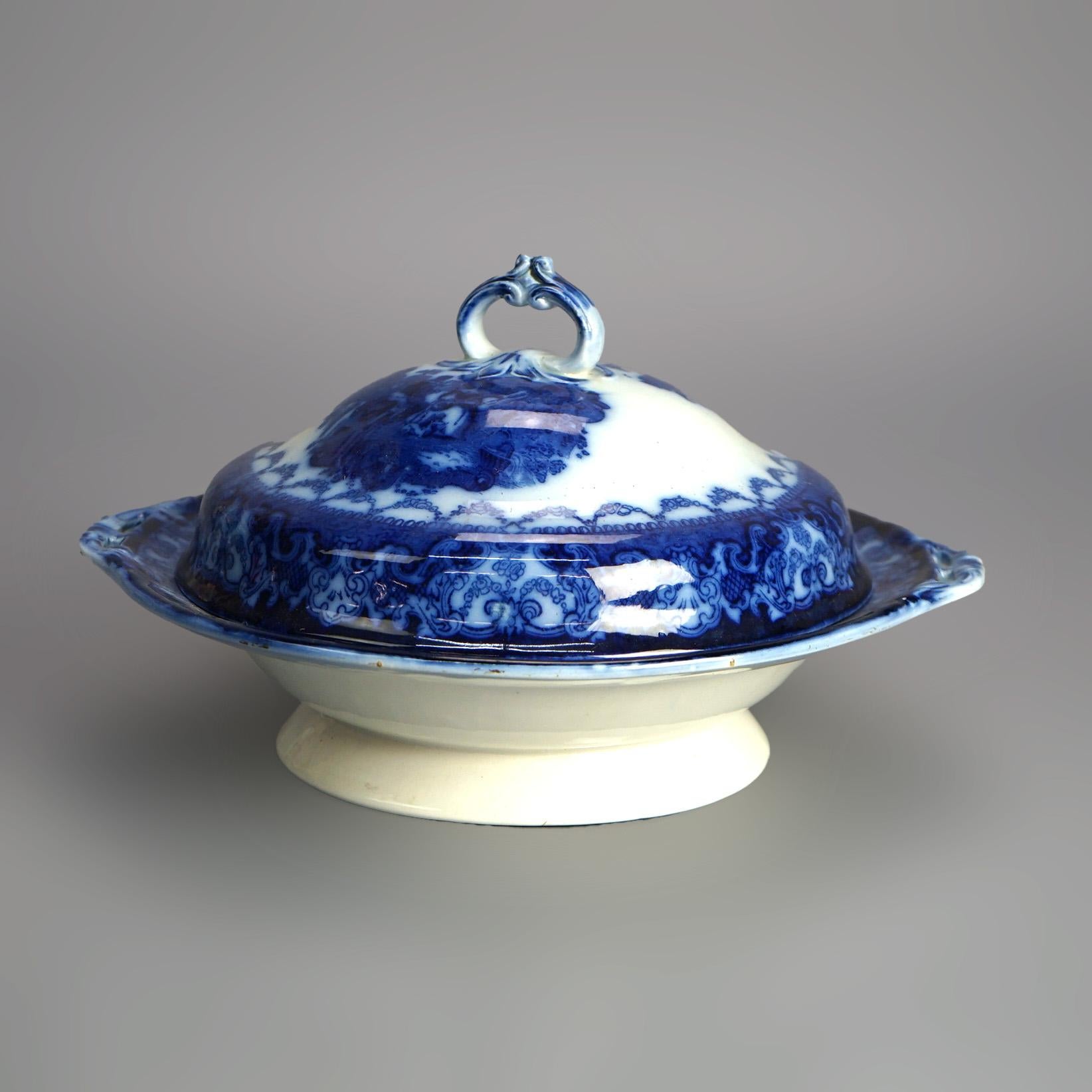 19th Century Antique English Watteau Flow Blue Stoneware Tureen with Courting Scene C1870 For Sale