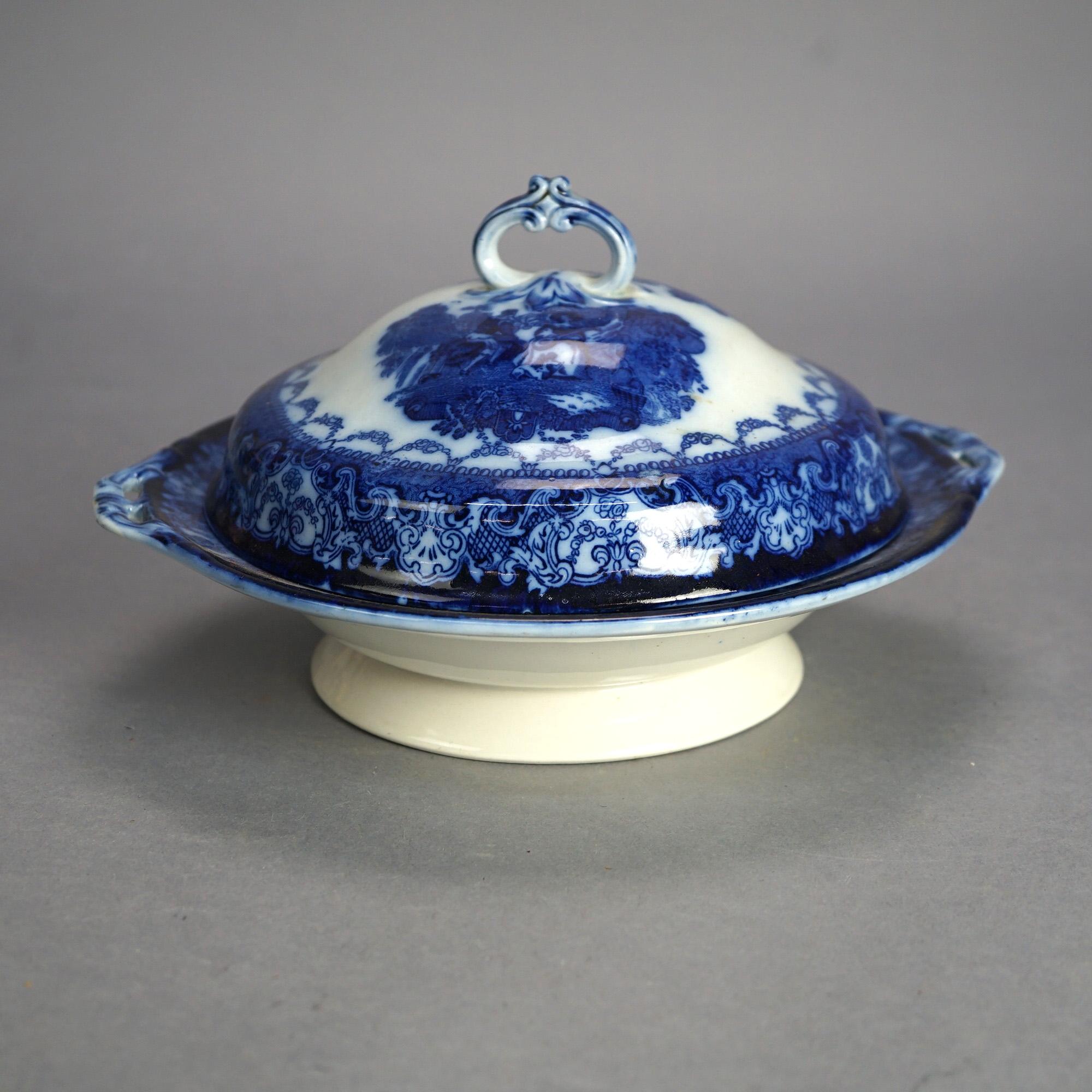 Antique English Watteau Flow Blue Stoneware Tureen with Courting Scene C1870 For Sale 1