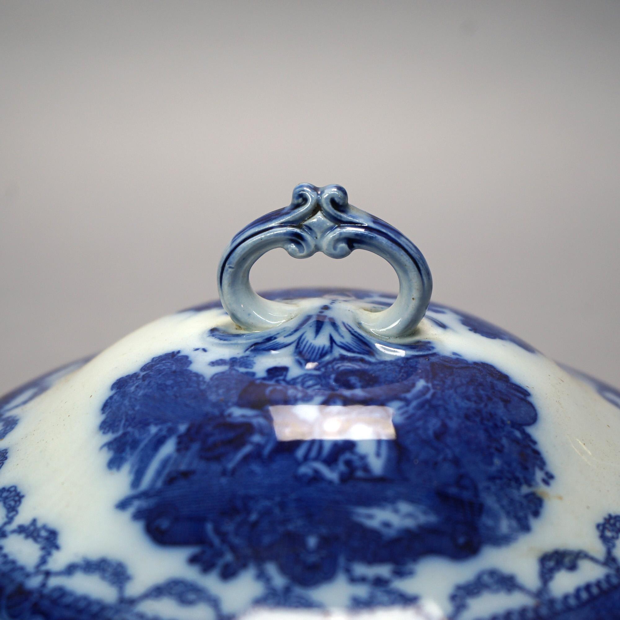 Antique English Watteau Flow Blue Stoneware Tureen with Courting Scene C1870 3