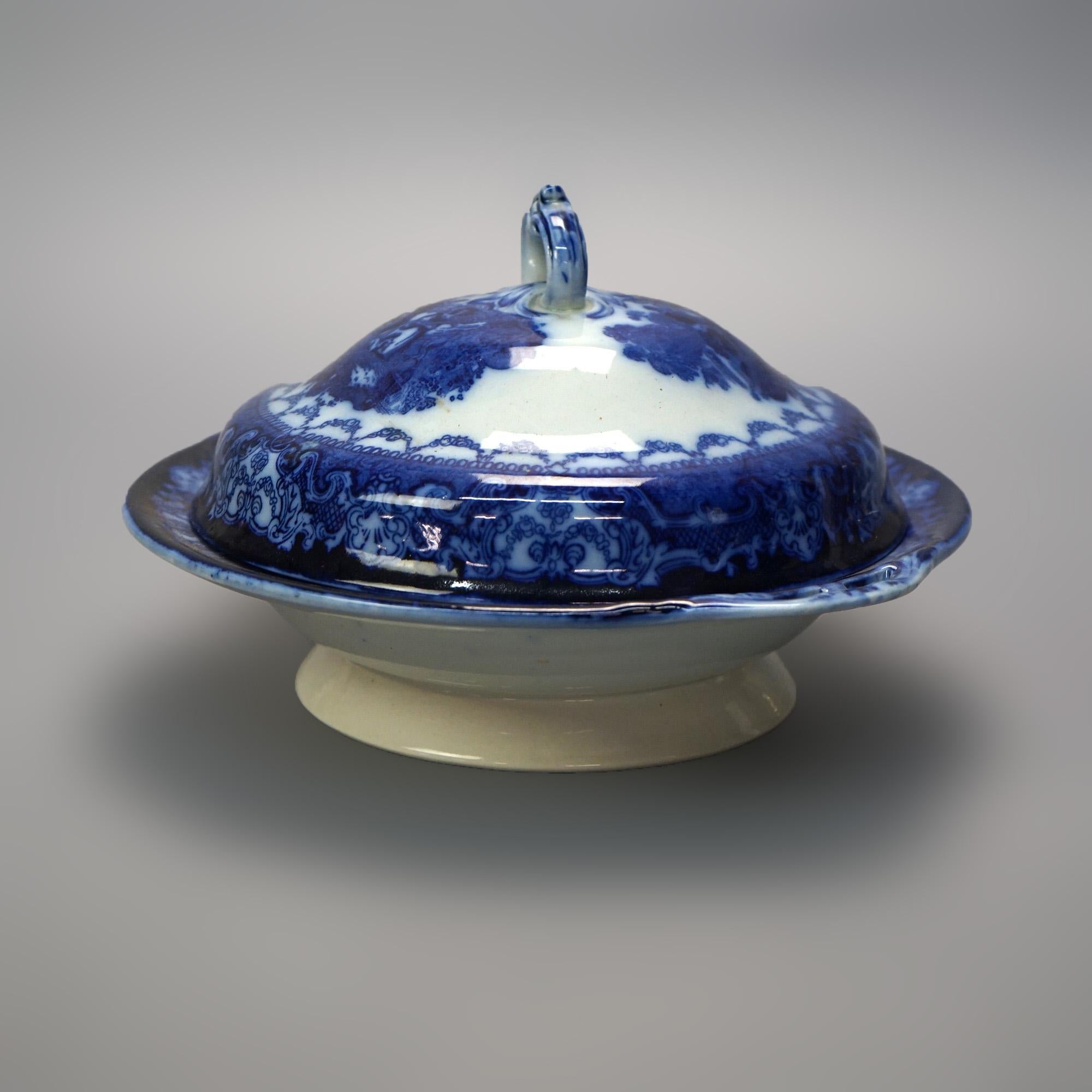 Antique English Watteau Flow Blue Stoneware Tureen with Courting Scene C1870 4