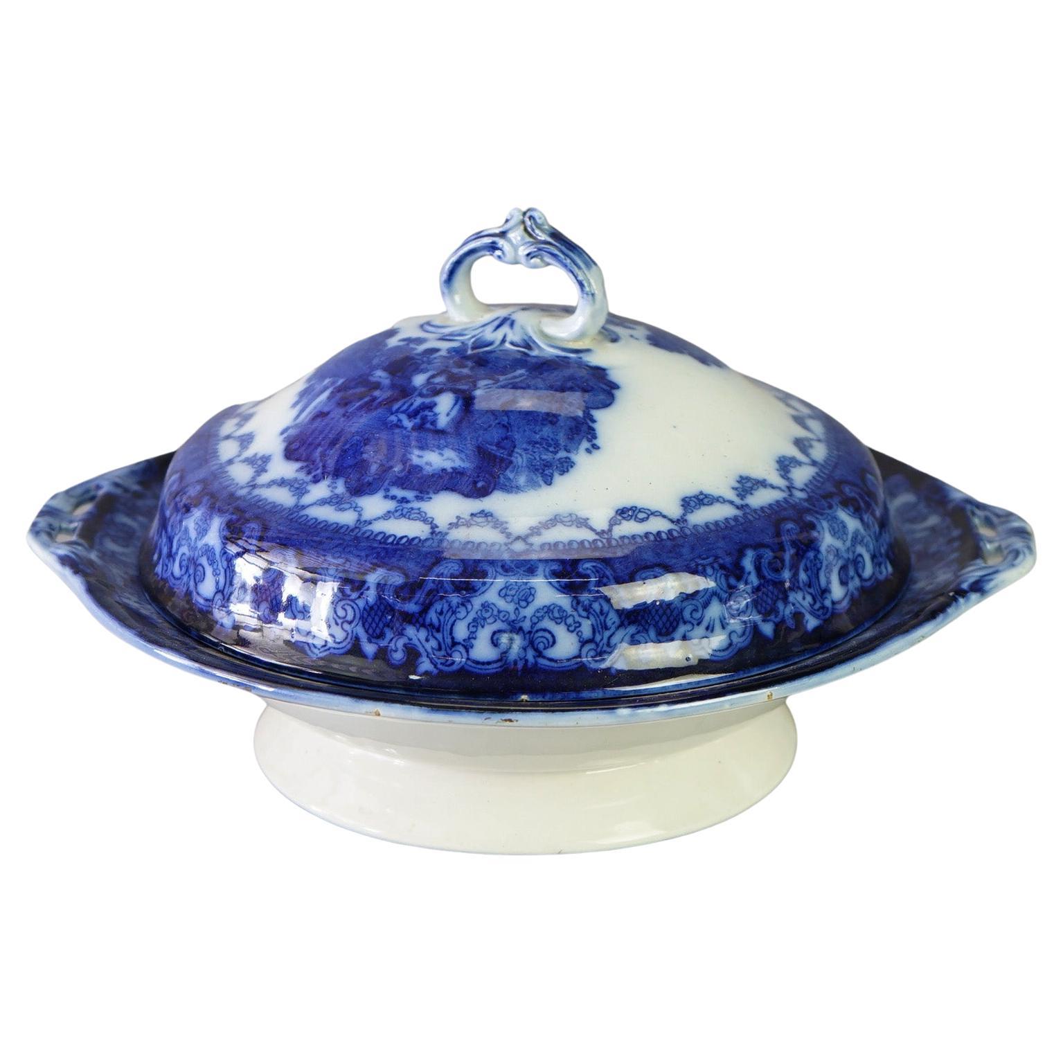 Antique English Watteau Flow Blue Stoneware Tureen with Courting Scene C1870 For Sale