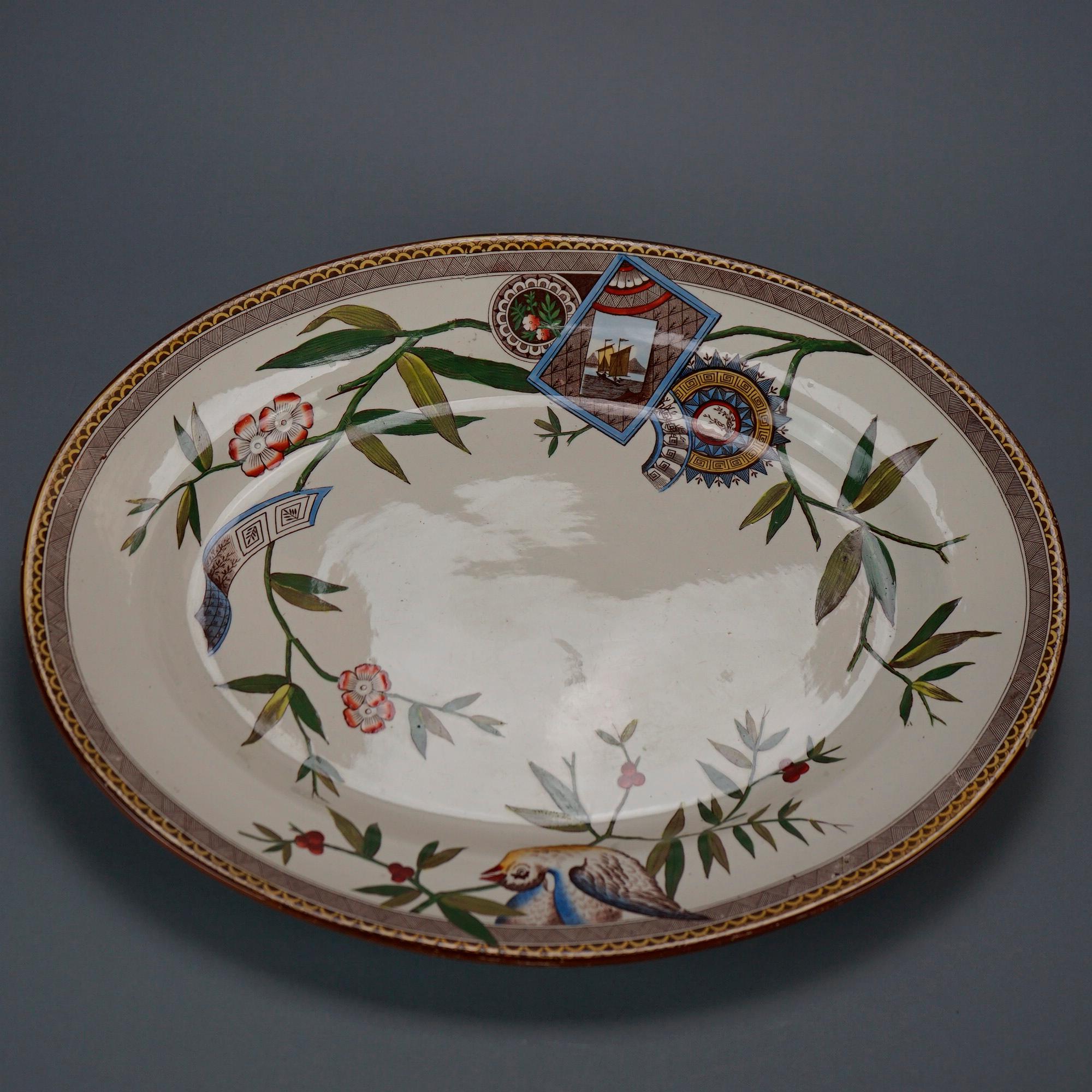 19th Century Antique English Wedgwood Aesthetic Movement Platter, Bird & Garden, 19th C