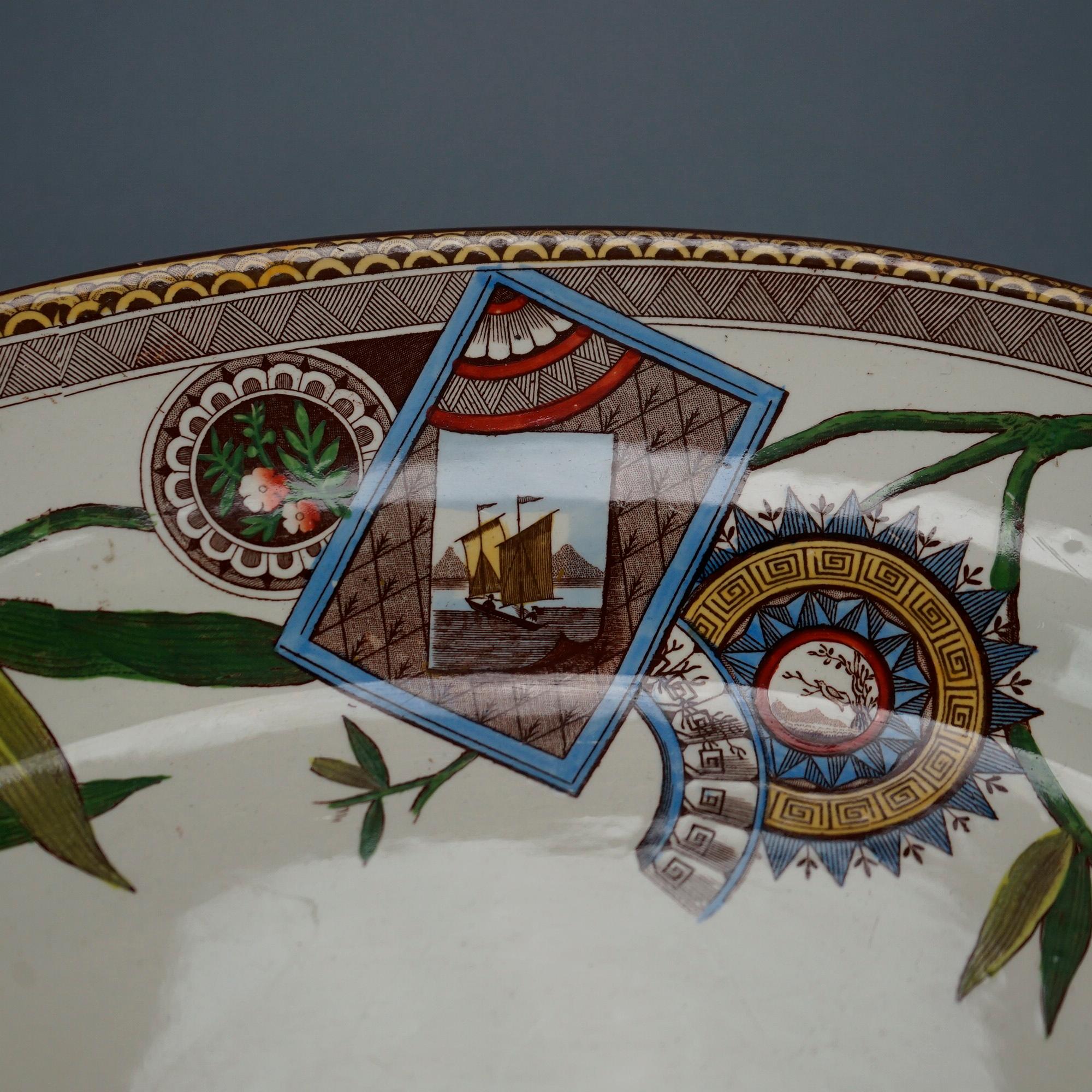 Porcelain Antique English Wedgwood Aesthetic Movement Platter, Bird & Garden, 19th C