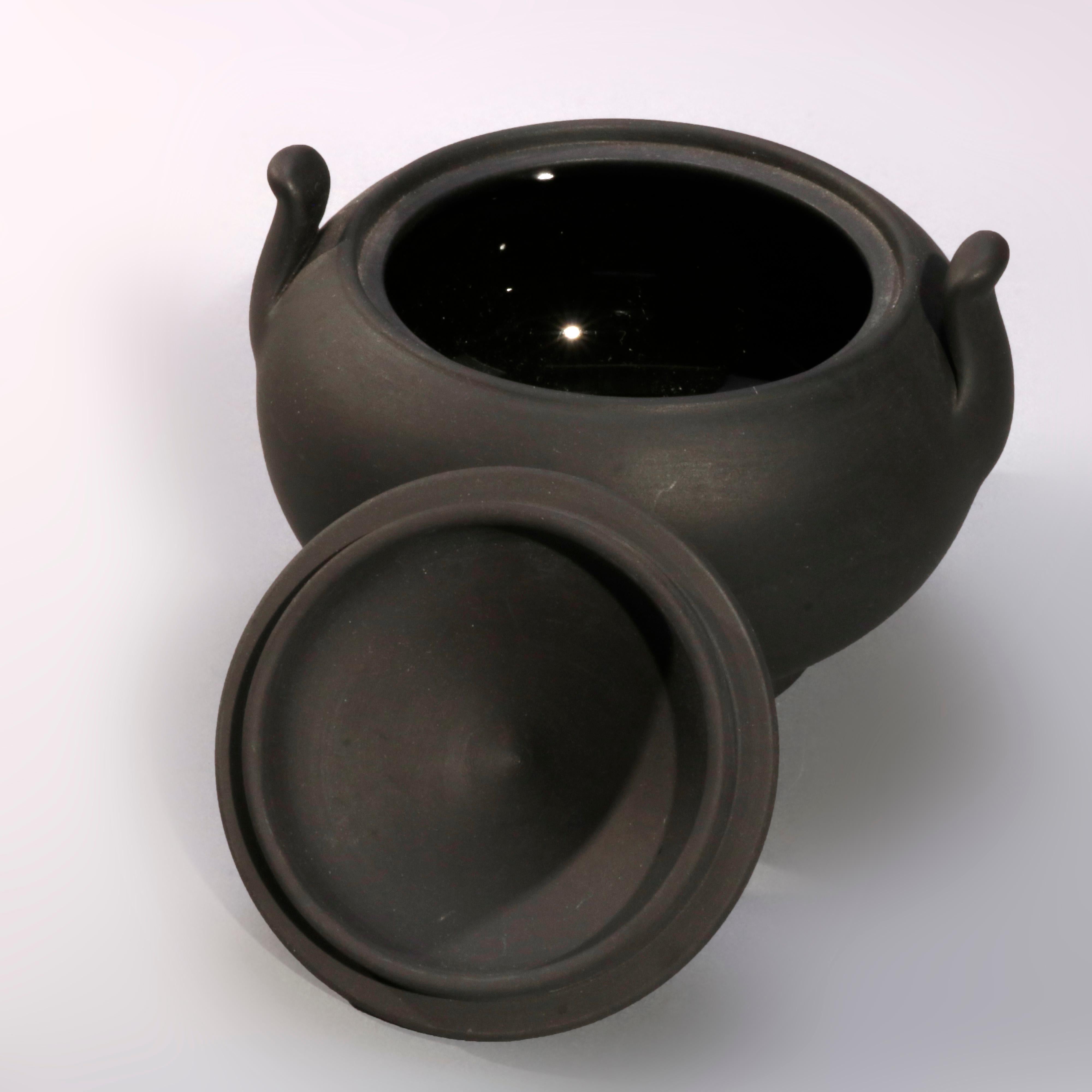 Glazed Antique English Wedgwood Black Basalt 3-Piece Teapot Set, 19th Century