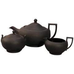 Antique English Wedgwood Black Basalt 3-Piece Teapot Set, 19th Century