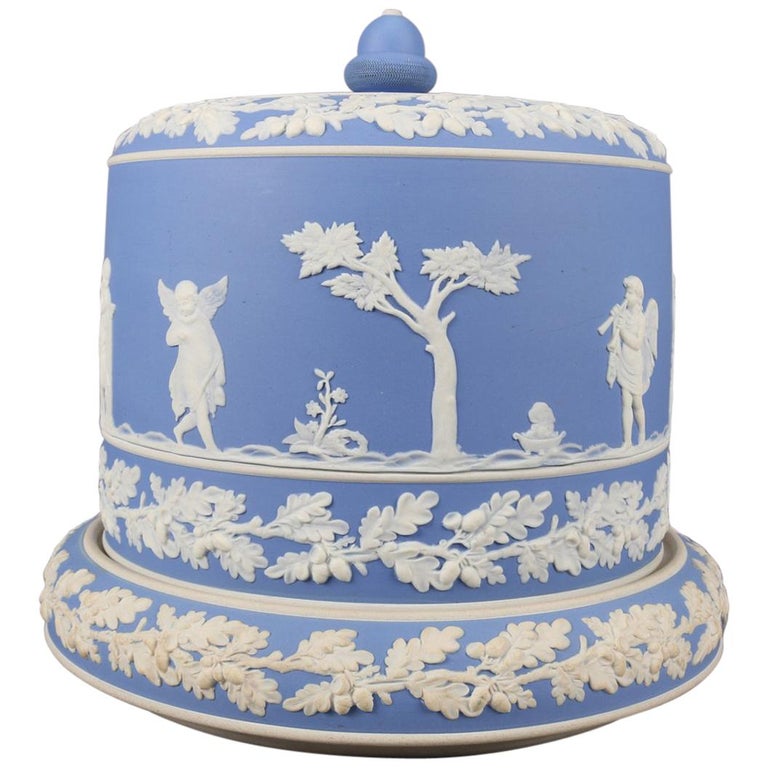 Antique English Wedgwood Blue Jasperware Porcelain Cheese Keeper, 19th