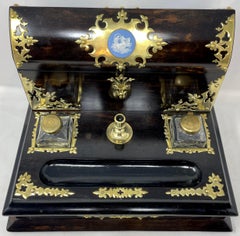 Antique English Wedgwood Blue Porcelain Coromandel Wood Inkwell, Circa 1880.