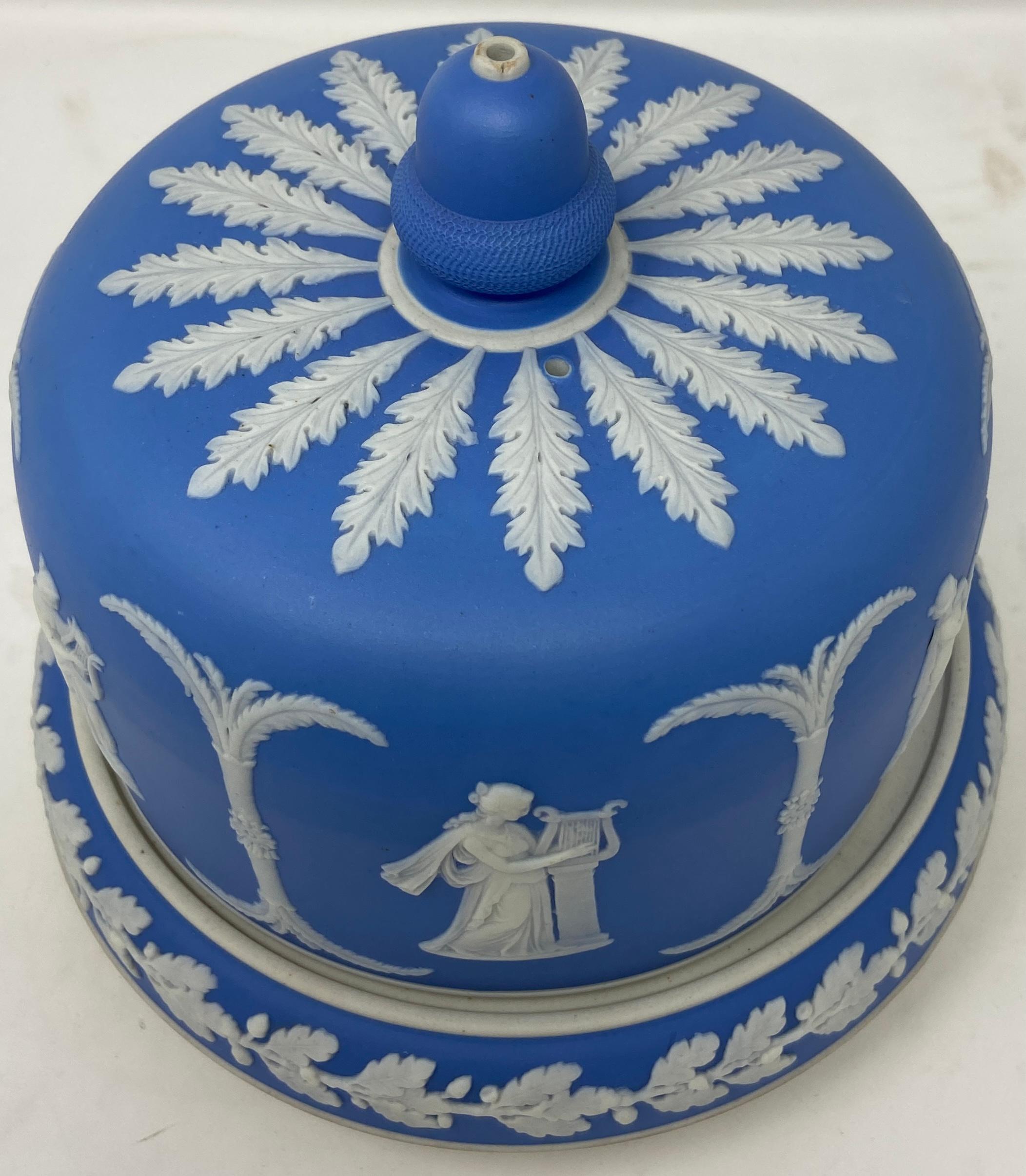Antique English Wedgwood blue and white porcelain cheese dish and cover, Circa 1895-1910.