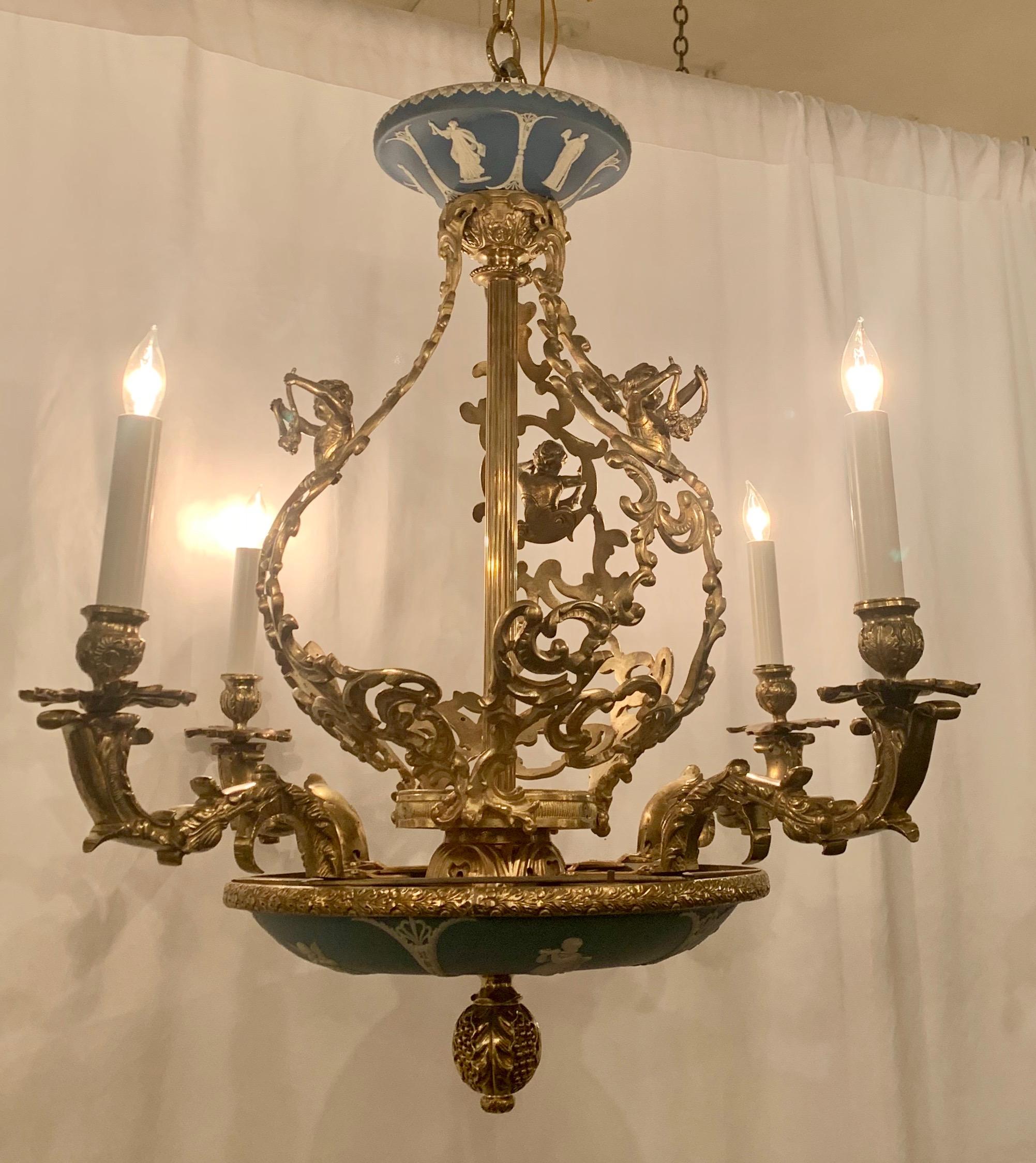 Antique English wedgwood and gold bronze Chandelier, Circa 1880's.

     