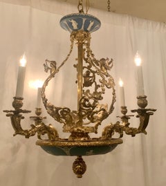 Antique English Wedgwood and Gold Bronze Chandelier, Circa 1880's