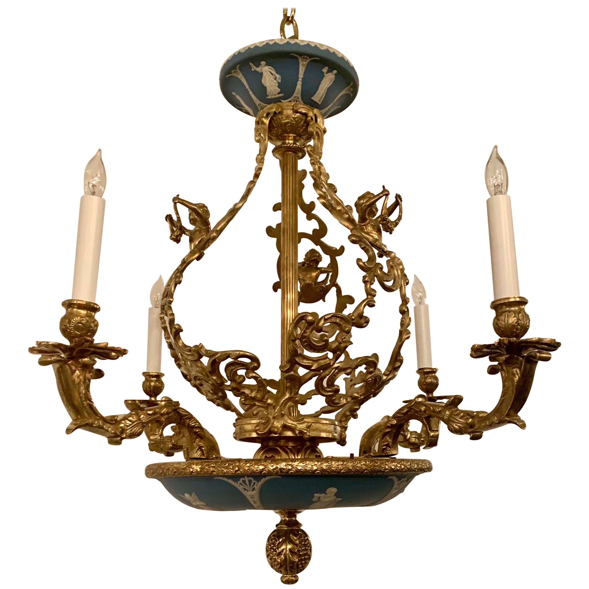 Antique English Wedgwood and Gold Bronze Chandelier, Circa 1880's