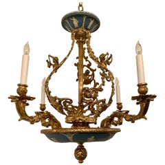 Antique English Wedgwood and Gold Bronze Chandelier, Circa 1880's