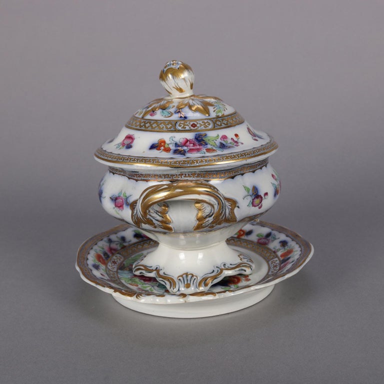 Antique English Wedgwood Noma School Flow Blue and Gilt Porcelain Gravy