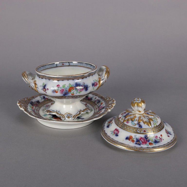 Antique English Wedgwood Noma School Flow Blue and Gilt Porcelain Gravy