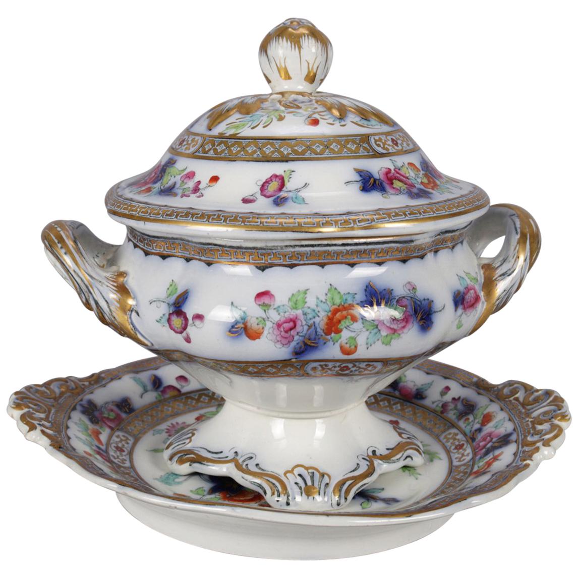 Antique English Wedgwood Noma School Flow Blue and Gilt Porcelain Gravy