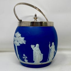 Antique English Wedgwood Porcelain and Silver-Plate Biscuit Barrel Circa 1910's.