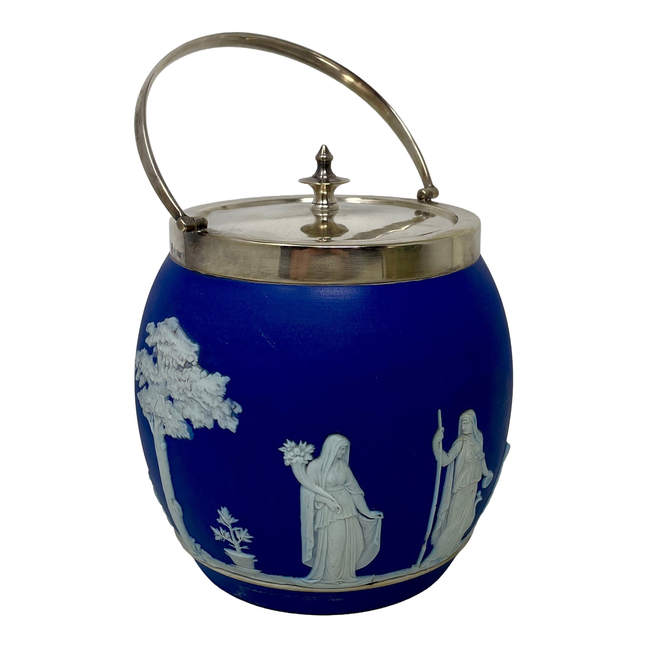Antique English Wedgwood Porcelain and Silver-Plate Biscuit Barrel Circa 1910's.