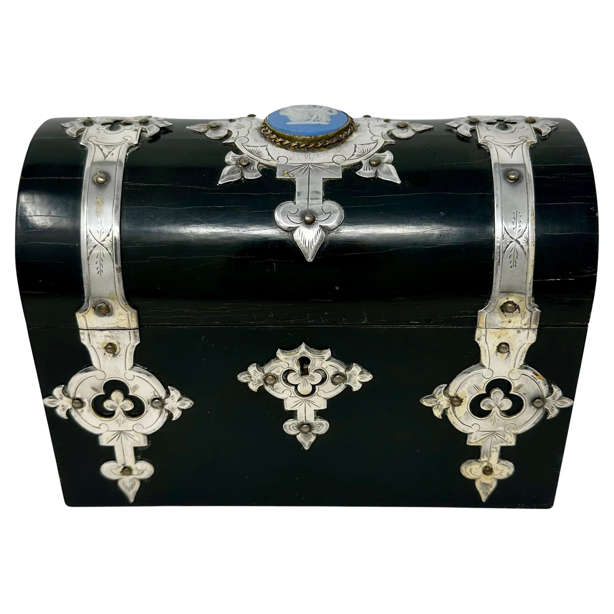 Antique English Wedgwood Porcelain and Sheffield Silver Mounted Ebonized Jewel Box, Circa 1880.