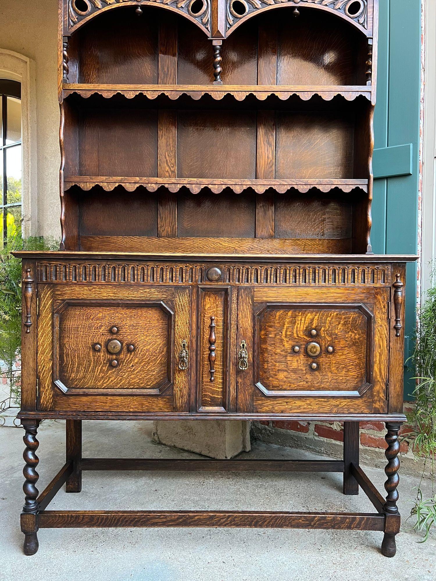 Antique English Welsh Dresser Sideboard Barley Twist Carved Tiger Oak Farmhouse For Sale 7