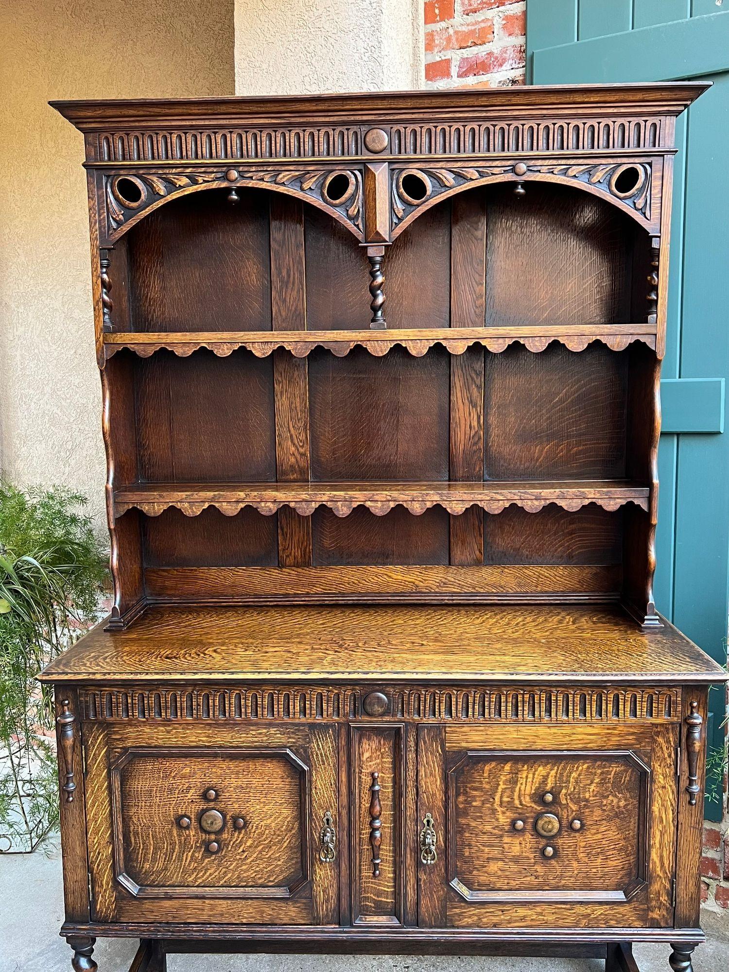 Antique English Welsh Dresser Sideboard Barley Twist Carved Tiger Oak Farmhouse For Sale 8