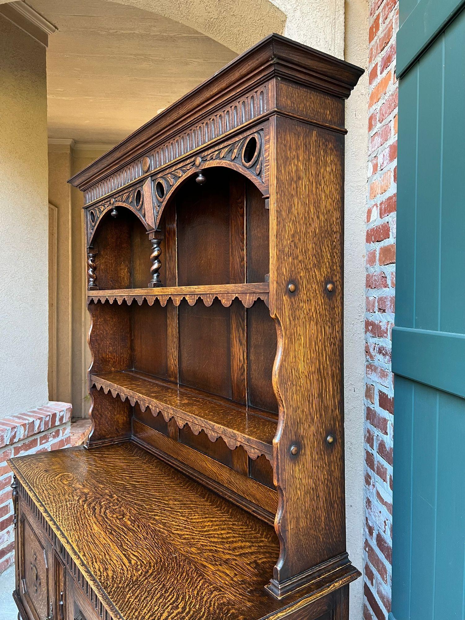 Antique English Welsh Dresser Sideboard Barley Twist Carved Tiger Oak Farmhouse For Sale 12