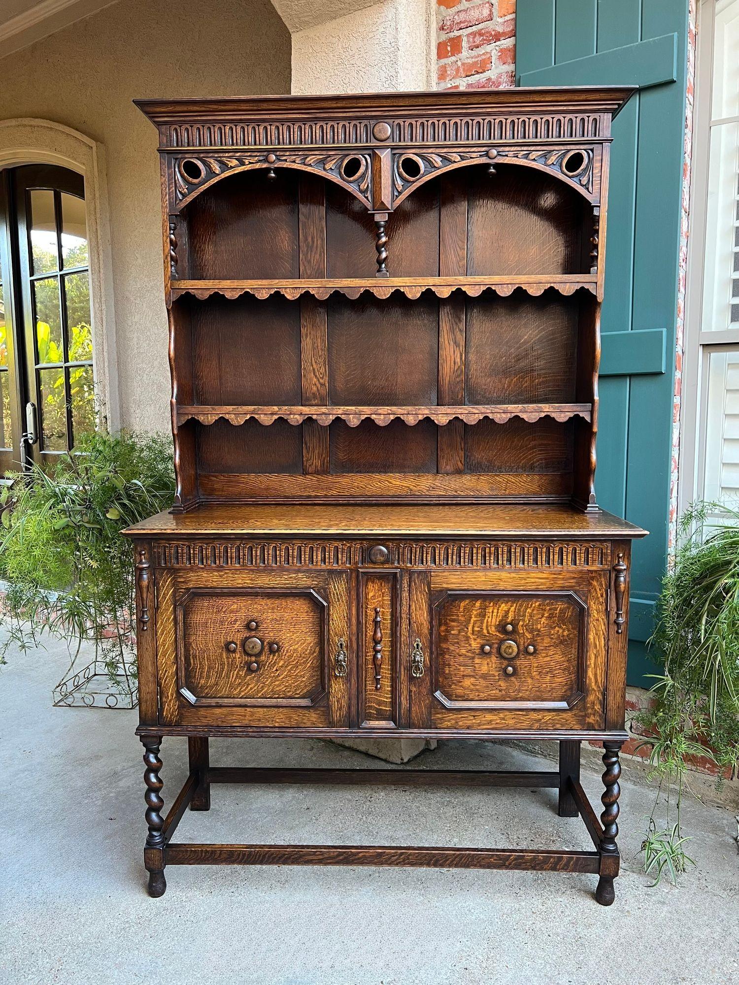 Jacobean Antique English Welsh Dresser Sideboard Barley Twist Carved Tiger Oak Farmhouse For Sale